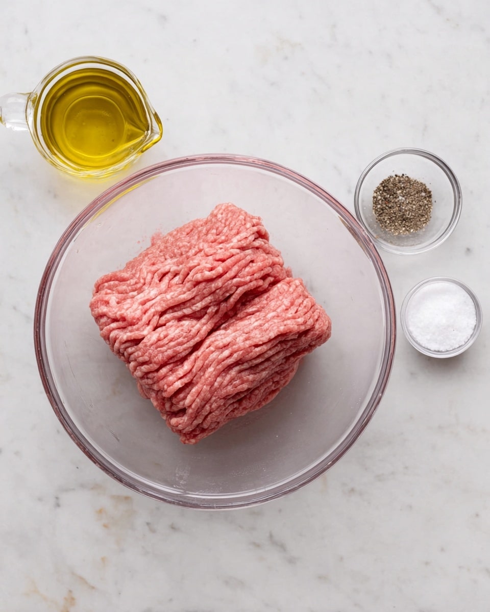 A clear glass bowl in the center holds a large block of raw ground meat, pinkish-red in color with a slightly coarse texture. To the left of the bowl, there is a small clear container of light yellow olive oil with a spout. On the right, a smaller clear bowl contains white salt and black pepper arranged side by side. All items are placed on a white marbled surface, enhancing their colors and making the scene clean and simple. photo taken with an iphone --ar 4:5 --v 7