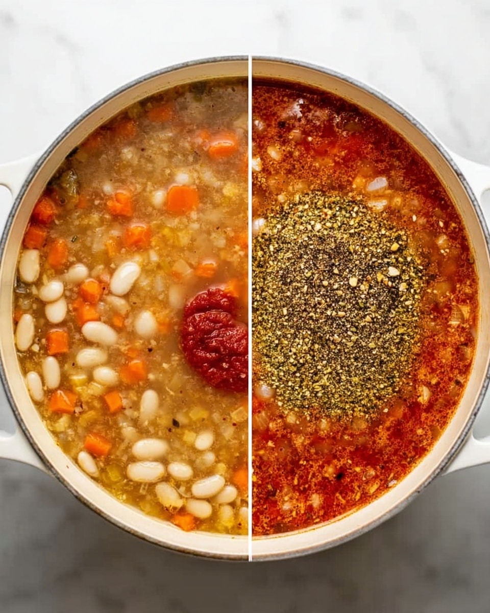 The image shows two views of a white pot filled with soup in the process of cooking, placed on a white marbled surface. The soup has a light brown broth filled with small orange carrot pieces and other small bits. On the left side, one side of the pot displays white beans and a dollop of red tomato paste sitting on the surface. On the right side, the broth is more reddish and has a pile of finely ground green herbs and black pepper in the center. The texture is slightly thick with visible ingredients floating inside. The photo was taken with an iphone --ar 4:5 --v 7