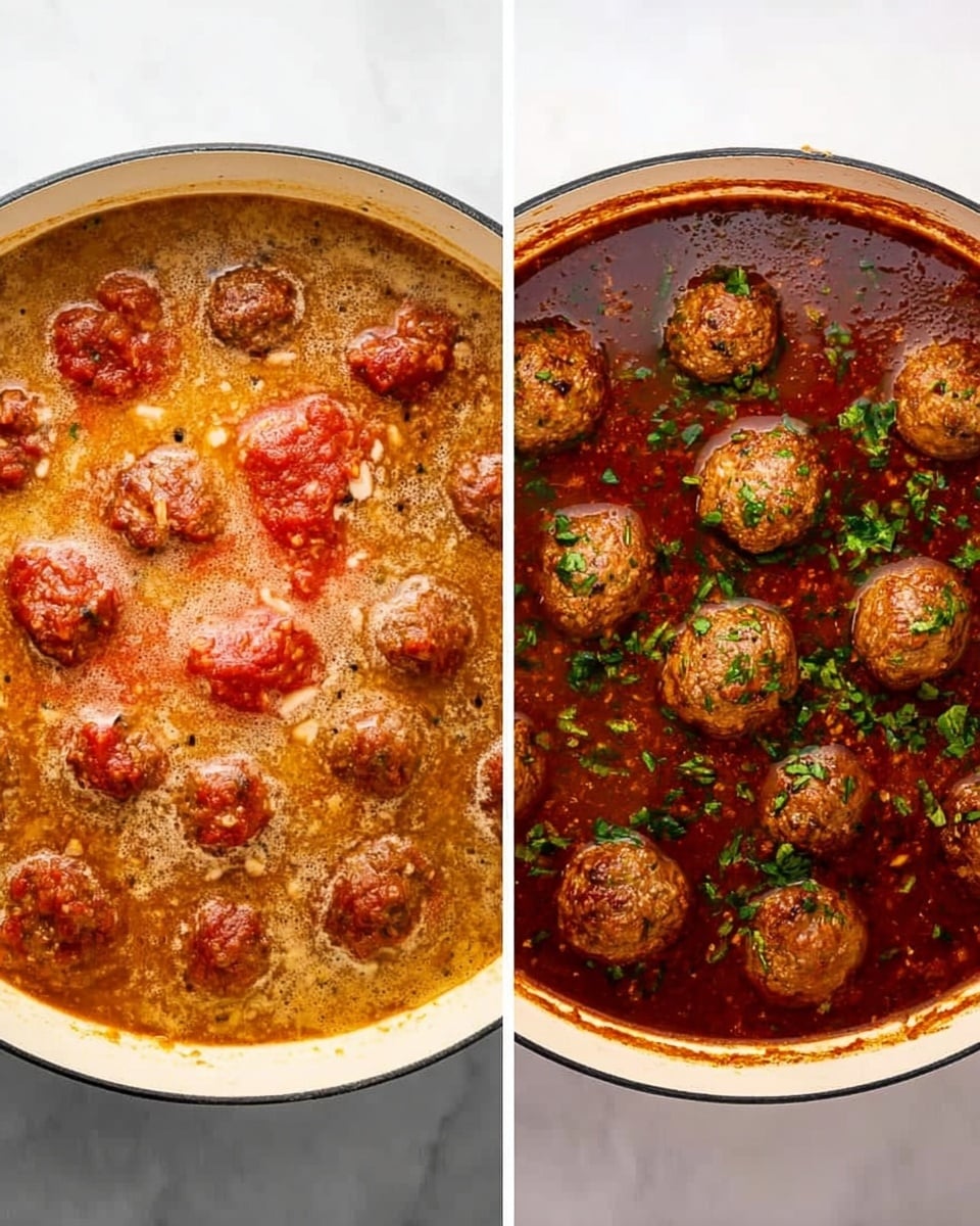 Two white pans sit on a white marbled surface, each showing a different stage of cooking meatballs in sauce. The left pan has a light brown foamy broth with raw pink meatballs partially covered by reddish sauce, spreading unevenly. The right pan shows fully cooked, browned meatballs in thick dark red sauce, with small bits of herbs sprinkled over the top for color contrast. The sauce looks rich and slightly chunky, with a glossy texture. Photo taken with an iphone --ar 4:5 --v 7