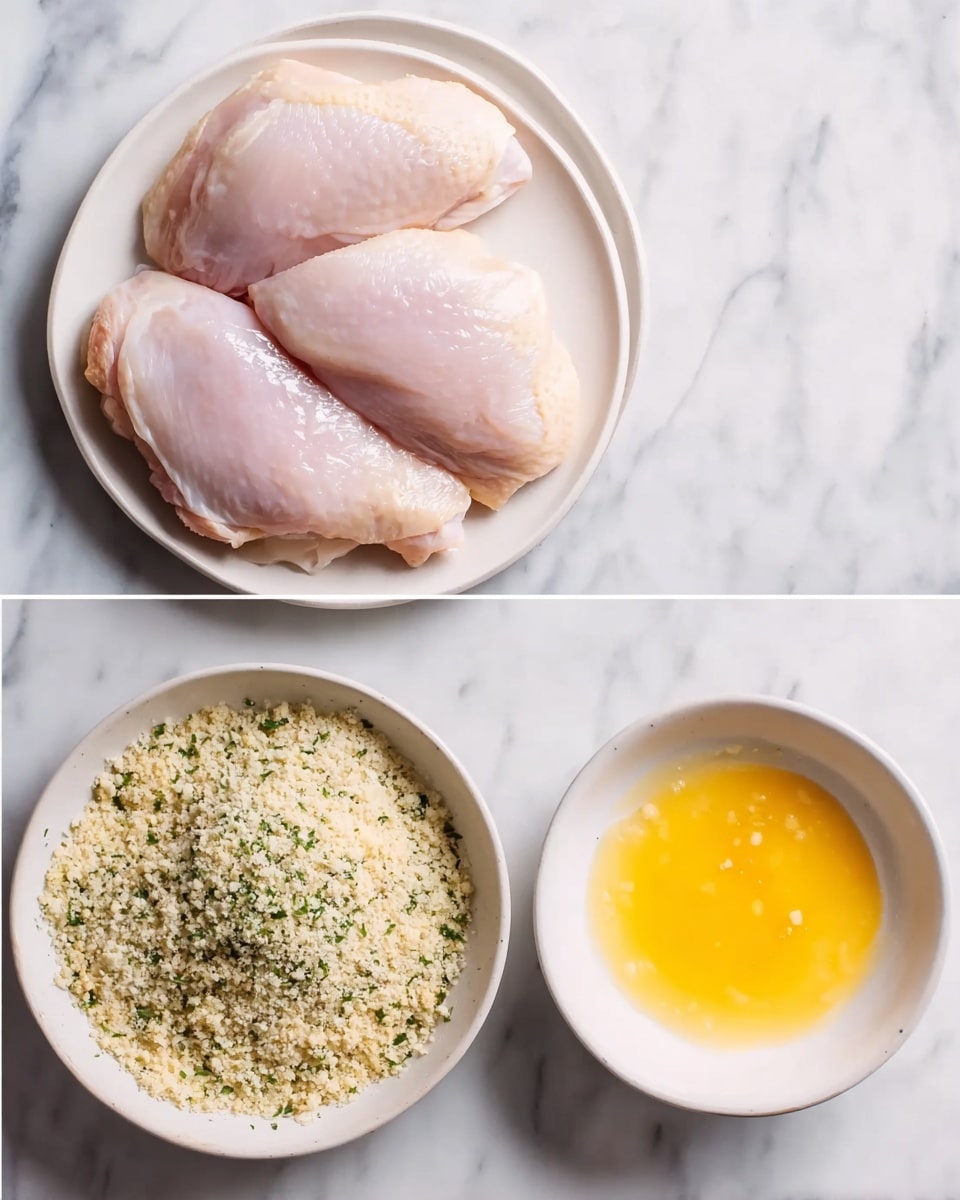 The image shows three white plates placed on a white marbled surface. The first plate on the left holds two large pale pink raw chicken pieces, smooth and shiny with a little moisture on the surface. To the right, there are two smaller white bowls. One bowl contains a bright yellow egg mixture, smooth and liquid-like. The other bowl underneath has a breadcrumb mixture with a coarse texture, light tan color with green herb flecks mixed in. Photo taken with an iphone --ar 4:5 --v 7