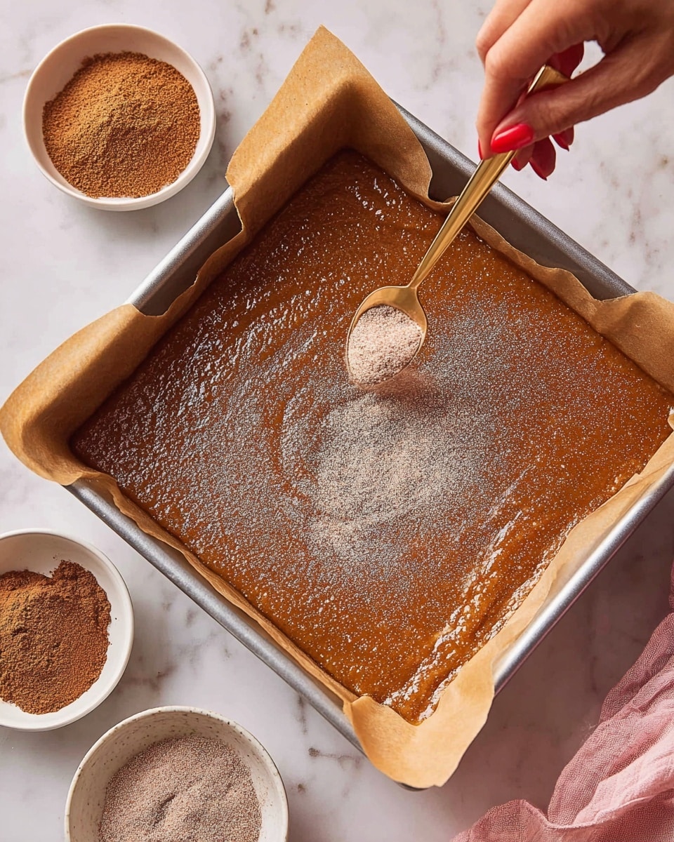 A square baking pan lined with brown parchment paper holds a thick, smooth, caramel-colored batter that fills the pan evenly. The top of the batter is being sprinkled with a fine, light brown powder from a gold spoon held by a woman's hand with red nail polish. Nearby, two white bowls on a white marbled surface contain the same powder and a darker brown powder. The whole scene is bright and clean with soft lighting. photo taken with an iphone --ar 4:5 --v 7