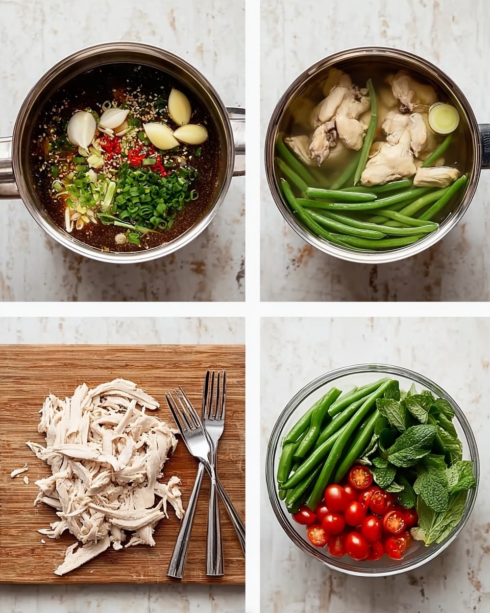 The image shows a collage of four pictures arranged in a 2x2 grid, each depicting different steps in food preparation. The top-left picture features a metal pot on a white marbled surface filled with dark brown sauce, sliced garlic, chopped green onions, sesame seeds, and chili flakes all layered on top. The top-right picture shows the same pot now containing whole chicken pieces, slices of ginger, and fresh green beans submerged in water. The bottom-left image displays shredded white chicken meat laying on a wooden cutting board placed on the white marbled surface with two forks beside it. The bottom-right image is a clear glass bowl on the white marbled surface containing layers of sliced cucumber, cherry tomatoes, fresh mint, cilantro, green beans, and shredded chicken all arranged separately but close together. photo taken with an iphone --ar 4:5 --v 7