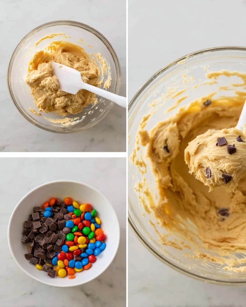 A clear glass bowl on a white marbled surface holds a thick light beige cookie dough mixture, with a white spatula partially submerged in the dough, slightly lifted. Next to the dough bowl is a small white bowl filled with colorful mini chocolate candies and dark chocolate chunks. The third image shows the same clear glass bowl filled with dough, now mixed with scattered colorful mini chocolate candies and dark chocolate chunks, with the spatula inside the bowl mixing them together. Photo taken with an iphone --ar 4:5 --v 7
