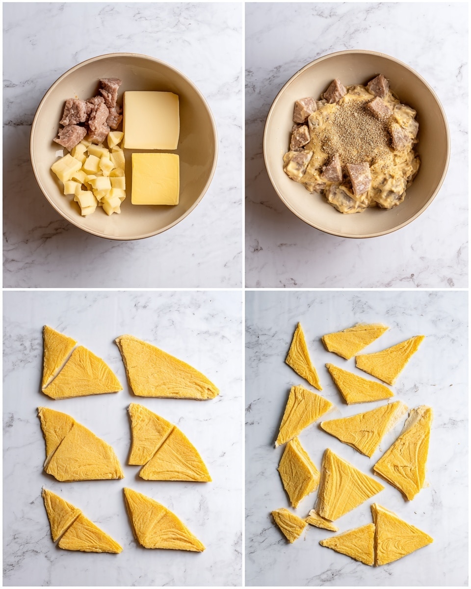 A set of four images arranged in a grid shows a cooking process on a white marbled surface. The top left image features a beige bowl with four separate ingredients inside: chopped light brown meat in the top left, pale yellow cheese cubes in the bottom left, a square of pale yellow butter in the center, and some seasoning sprinkled over the butter. The top right image shows the same beige bowl with all the ingredients mixed into a creamy pale brown mixture with chunks. The bottom left image displays ten triangular yellow puzzle-like pieces arranged neatly on the white marbled surface. The bottom right image shows eleven irregular triangular yellow pieces spread out on the same surface, some pieces thinner and longer than before. photo taken with an iphone --ar 4:5 --v 7