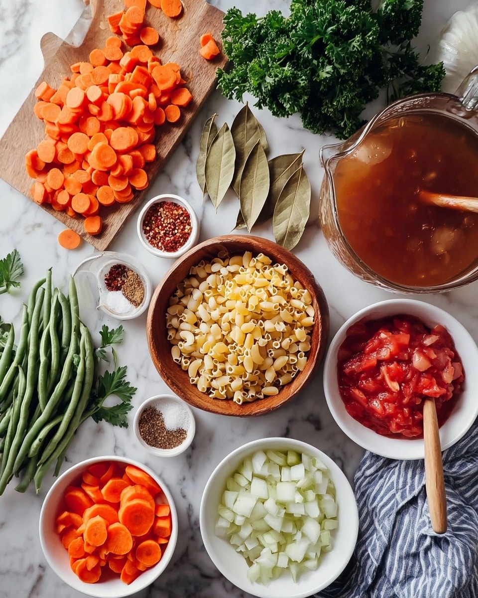 The image shows a top view of various ingredients arranged on a white marbled surface. There are white bowls filled with sliced orange carrots, chopped red tomatoes, pale green celery, and white beans. A wooden bowl in the center contains small uncooked pasta with a wooden spoon resting inside. A glass jug of brown broth is placed near the top right. Fresh green beans and a whole onion lay on a wooden cutting board on the left side, along with a couple of dried bay leaves and small white bowls holding spices like dried herbs and red pepper flakes. A bunch of fresh parsley is placed near the upper left corner. A blue-striped white cloth napkin is partially visible under the tomato bowl. photo taken with an iphone --ar 4:5 --v 7