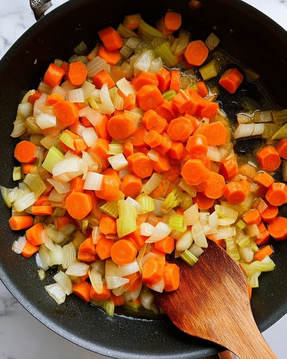 The image shows a black pan filled with cooked chopped vegetables including orange carrot slices, pale white onion chunks, and light green celery pieces. A wooden spatula is stirring the vegetables near the center right of the pan, with the texture of the vegetables appearing soft and slightly shiny from cooking. The background surface is white with a soft marbled texture. photo taken with an iphone --ar 4:5 --v 7