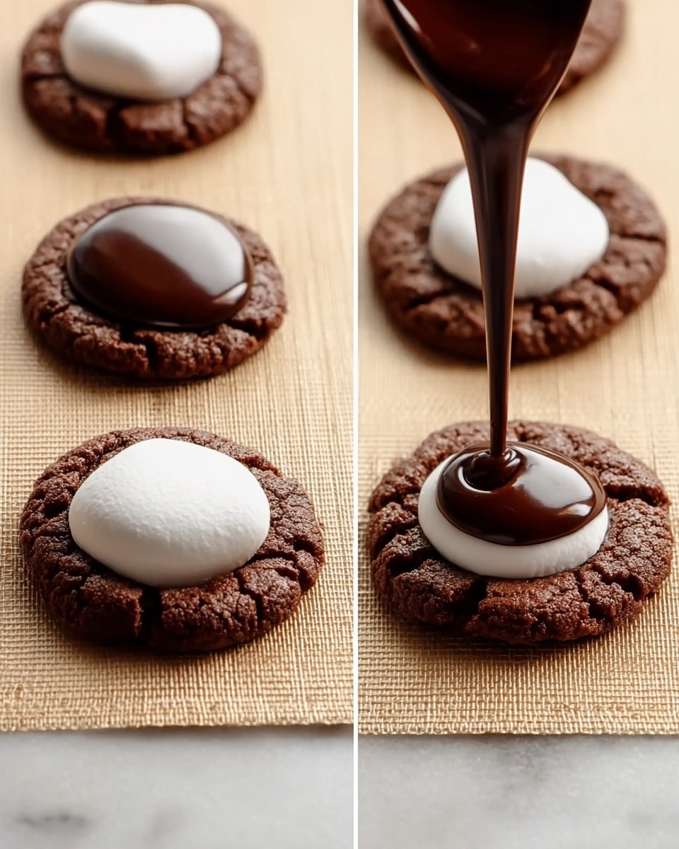 The image shows two close-up views of small, round chocolate cookies placed on a beige textured mat on a white marbled surface. Each cookie has a single large, white marshmallow centered on top. The right side of the image shows a spoon pouring shiny, smooth dark chocolate over the marshmallow on one cookie, covering it partially. The dark, cracked edges of the cookies contrast with the white marshmallows and glossy chocolate. Photo taken with an iphone --ar 4:5 --v 7