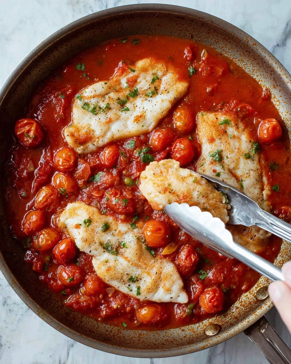 A frying pan filled with a bright red tomato sauce with small whole tomatoes and bits of green herbs in the sauce. On top of the sauce are three light golden cooked fillets with a soft texture and slight pepper seasoning. A woman's hand holds silver tongs, lifting one fillet. The pan sits on a white marbled surface. photo taken with an iphone --ar 4:5 --v 7