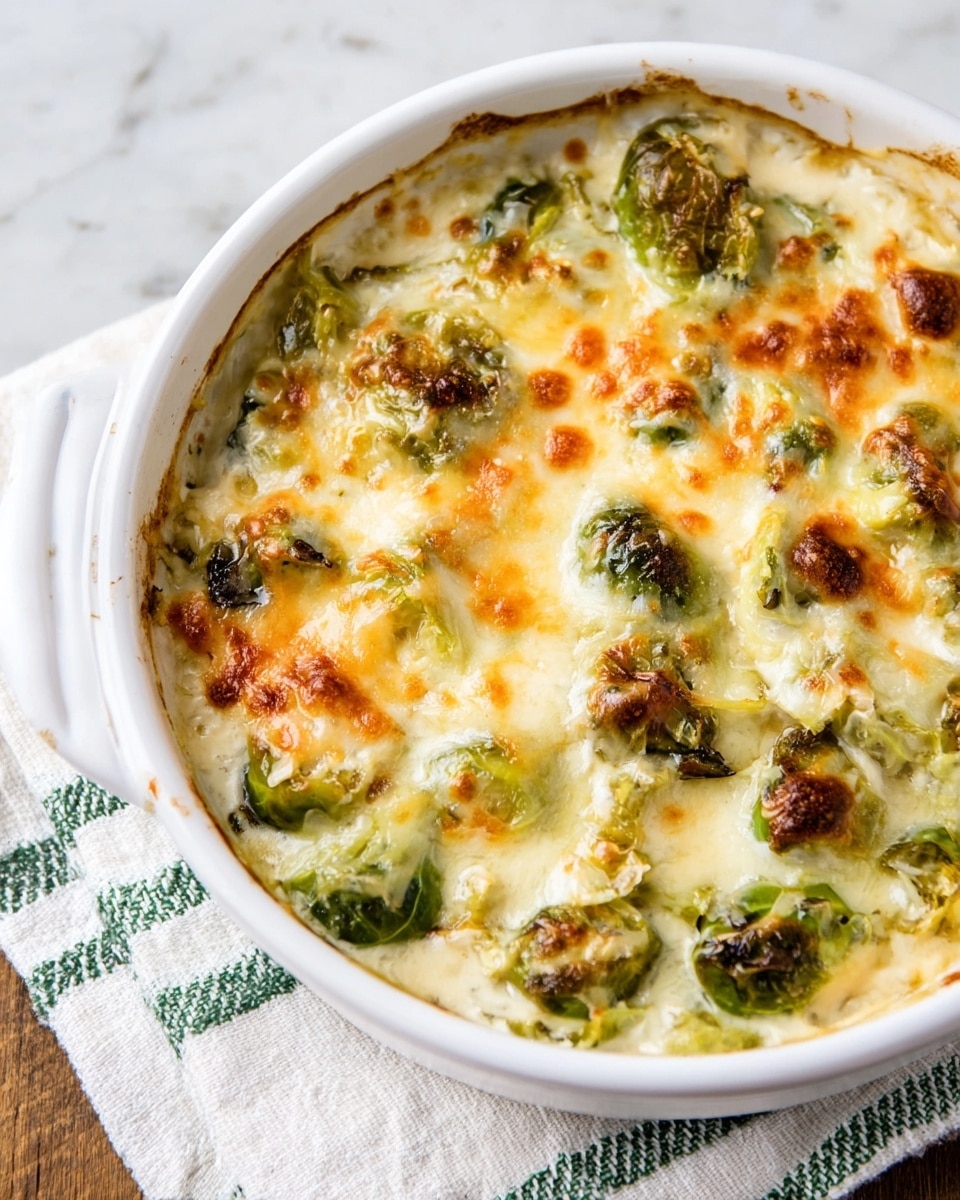 A white round dish filled with a baked casserole made of two main layers: the bottom layer is a soft, creamy mix with visible chunks of green Brussels sprouts, and the top layer is a golden brown melted cheese that covers the whole surface with some spots slightly darker and crispy; some Brussels sprouts peek through the cheese, adding texture and color contrast. The dish sits on a white marbled surface with a white and green striped cloth peeking from under it. photo taken with an iphone --ar 4:5 --v 7