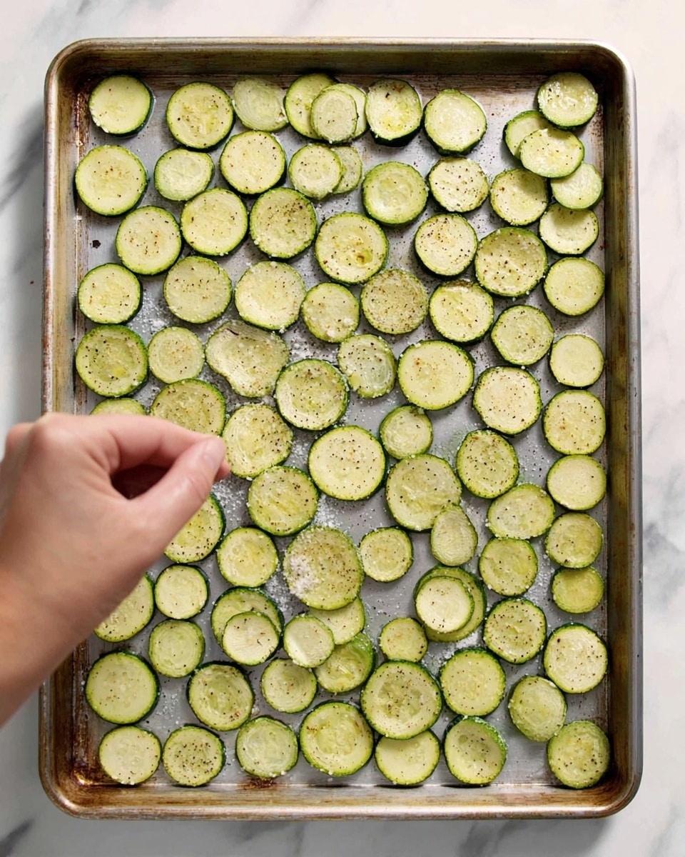 A large baking sheet filled with thin, round slices of zucchini spread out evenly, showing a light green color with darker edges from the skin. A woman's hand is sprinkling salt or seasoning over the zucchini pieces, creating a slight shine and tiny specks of black pepper on the vegetable slices. The baking sheet has a slightly worn metallic look, and it is placed on a white marbled surface. Photo taken with an iphone --ar 4:5 --v 7