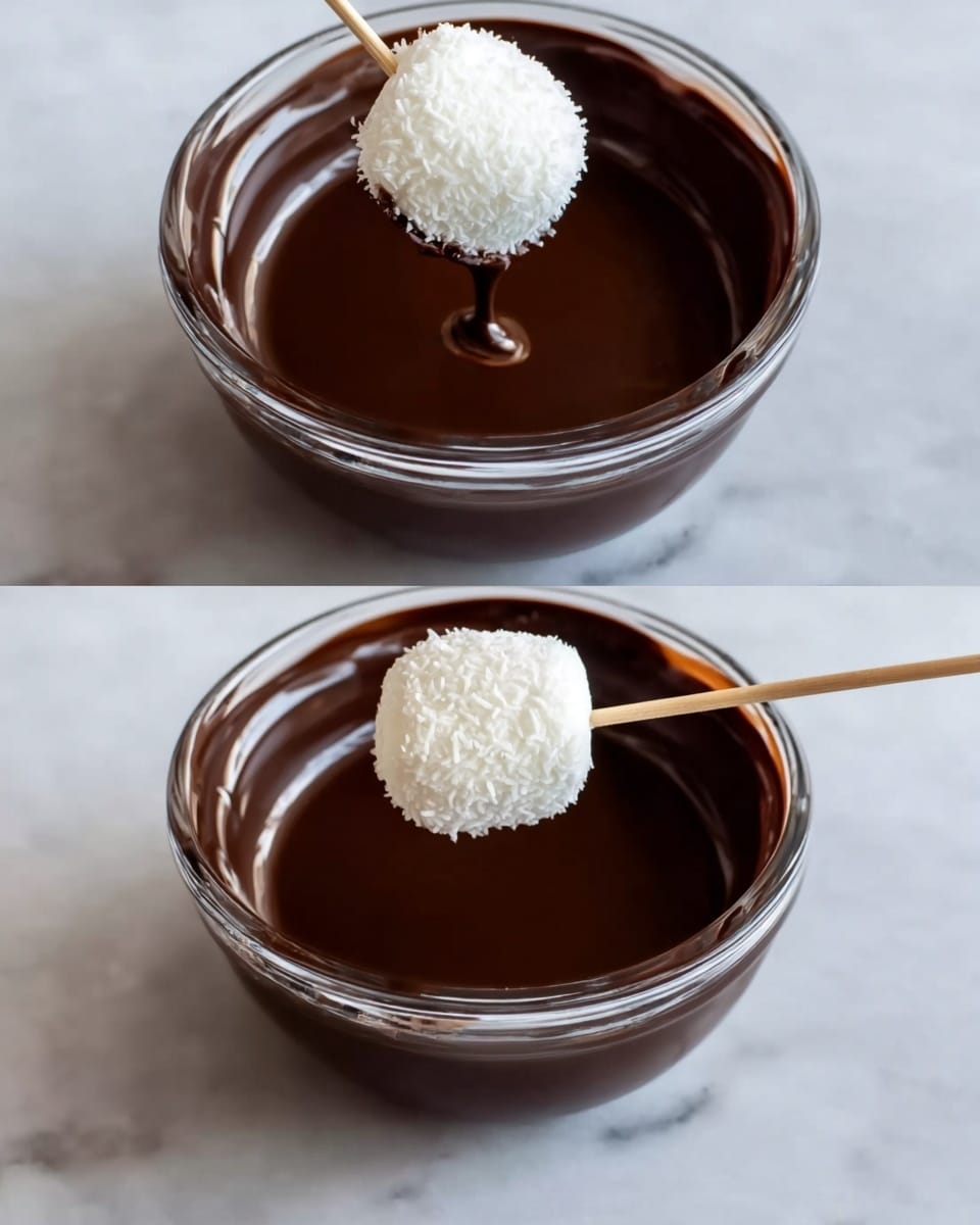 The image shows a clear glass bowl filled with smooth, dark brown melted chocolate. Above the bowl, a round white marshmallow covered with white coconut flakes is being dipped into the chocolate; in the left part, a white spoon with a scoop of coconut flakes is about to coat the marshmallow, while in the right part, a wooden stick holds the marshmallow as it is partly submerged in the chocolate. The bowl sits on a white marbled surface which is slightly reflective. The scene focuses on the rich texture of the chocolate and the contrast between the dark chocolate and the white coconut-covered marshmallow. Photo taken with an iphone --ar 4:5 --v 7