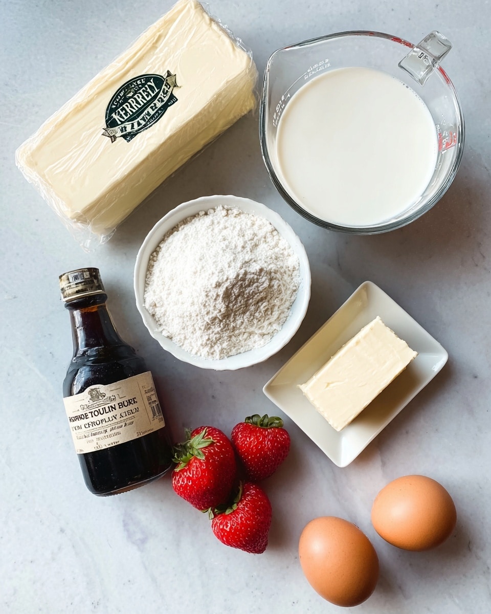 The image shows a clean white marbled surface with seven main ingredients arranged loosely across it. At the top is a white package of Kerrygold Irish butter. Below it and slightly right is a clear glass measuring cup filled halfway with milk. Near the center, a white bowl contains a light off-white powder, likely flour. To the right of that bowl, a small white dish holds a rectangular piece of cream cheese or similar. Below and to the left is a dark bottle of Trader Joe’s organic pure bourbon vanilla extract, with two red strawberries next to it, one larger and one smaller. Finally, two brown eggs sit at the bottom right corner. The items have soft natural lighting and gentle shadows. Photo taken with an iphone --ar 4:5 --v 7