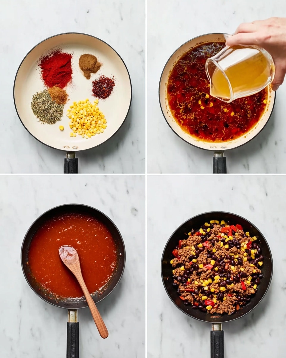 The image shows four photos in a grid. The top left photo is a white pan on a white marbled surface with different ground spices and red sauce placed in separate areas inside the pan. The top right photo shows the same white pan with the spices and sauce mixed into a reddish oily liquid, and a woman's hand pouring a clear golden liquid from a small glass pitcher into the pan. The bottom left photo shows the pan filled with a smooth thick reddish sauce being stirred with a wooden spoon on the white marbled background. The bottom right photo shows a black skillet on the white marbled surface containing cooked ground meat, diced red peppers, black beans, corn, and some chopped green peppers, with a spoonful of the reddish sauce on the edge of the skillet. photo taken with an iphone --ar 4:5 --v 7