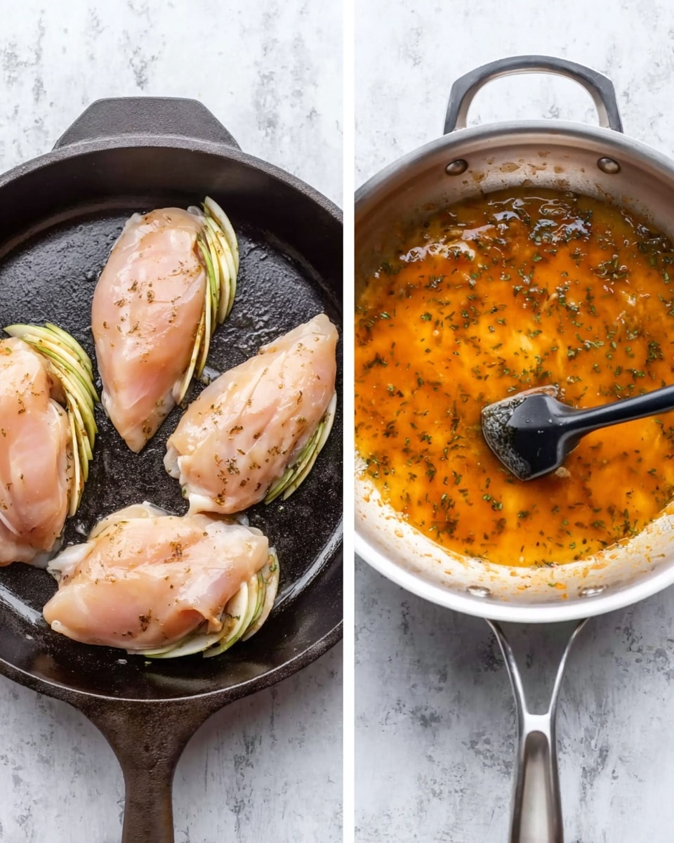The image shows two views side by side: on the left, four raw chicken breasts each layered with thin slices of green apple arranged in a fan shape inside the chicken, placed in a black cast iron pan atop a white marbled texture; on the right, a silver pan filled with a shiny orange-colored sauce that is mixed with herbs and has a black spatula stirring it, also set against the same white marbled background. photo taken with an iphone --ar 4:5 --v 7