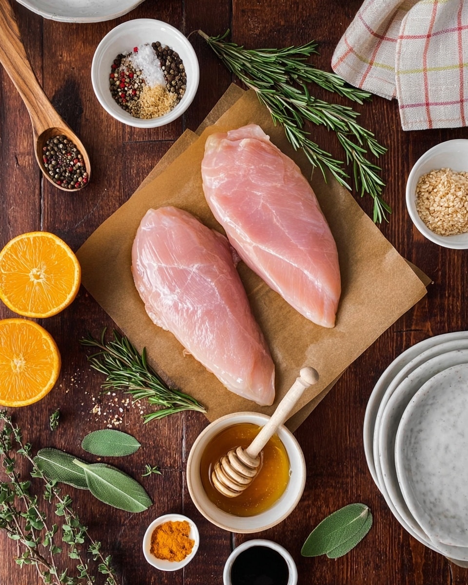 The image shows two large, pale pink raw turkey slices lying flat on a piece of brown parchment paper in the center. Around the turkey, there are small white bowls with different ingredients: a mix of spices (black pepper, salt, brown powder), minced garlic, and a golden honey with a wooden honey dipper resting in the bowl. To the left of the turkey, bright green fresh herbs including rosemary and sage sprigs spread over the parchment paper. Below the turkey, there is a measuring spoon with a tiny amount of orange paste and another spoon with a dark soy-like sauce in a white bowl. Halved bright orange sits in the bottom left corner. There is a wooden spoon on the left and fresh herbs scattered on the dark wooden table surface, which has been changed to a white marbled texture. To the top right, part of stacked white bowls and a woman's hand towel with a checked pattern are visible. Photo taken with an iphone --ar 4:5 --v 7