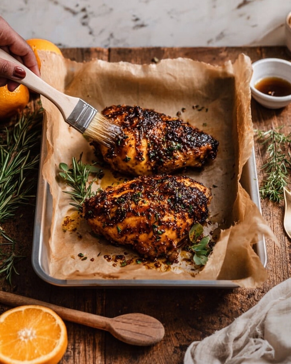 The image shows two pieces of golden brown cooked chicken with charred spots on a baking tray lined with parchment paper. The chicken is topped with a dark glaze that appears sticky and speckled with herbs and spices. A woman's hand is holding a brush above the chicken, applying more glaze. Around the tray, on a wooden table, there are fresh green sprigs of rosemary, half an orange, a small white container with a dark sauce, and a wooden spatula. The scene is cozy and rustic but the background is described as a white marbled texture. photo taken with an iphone --ar 4:5 --v 7
