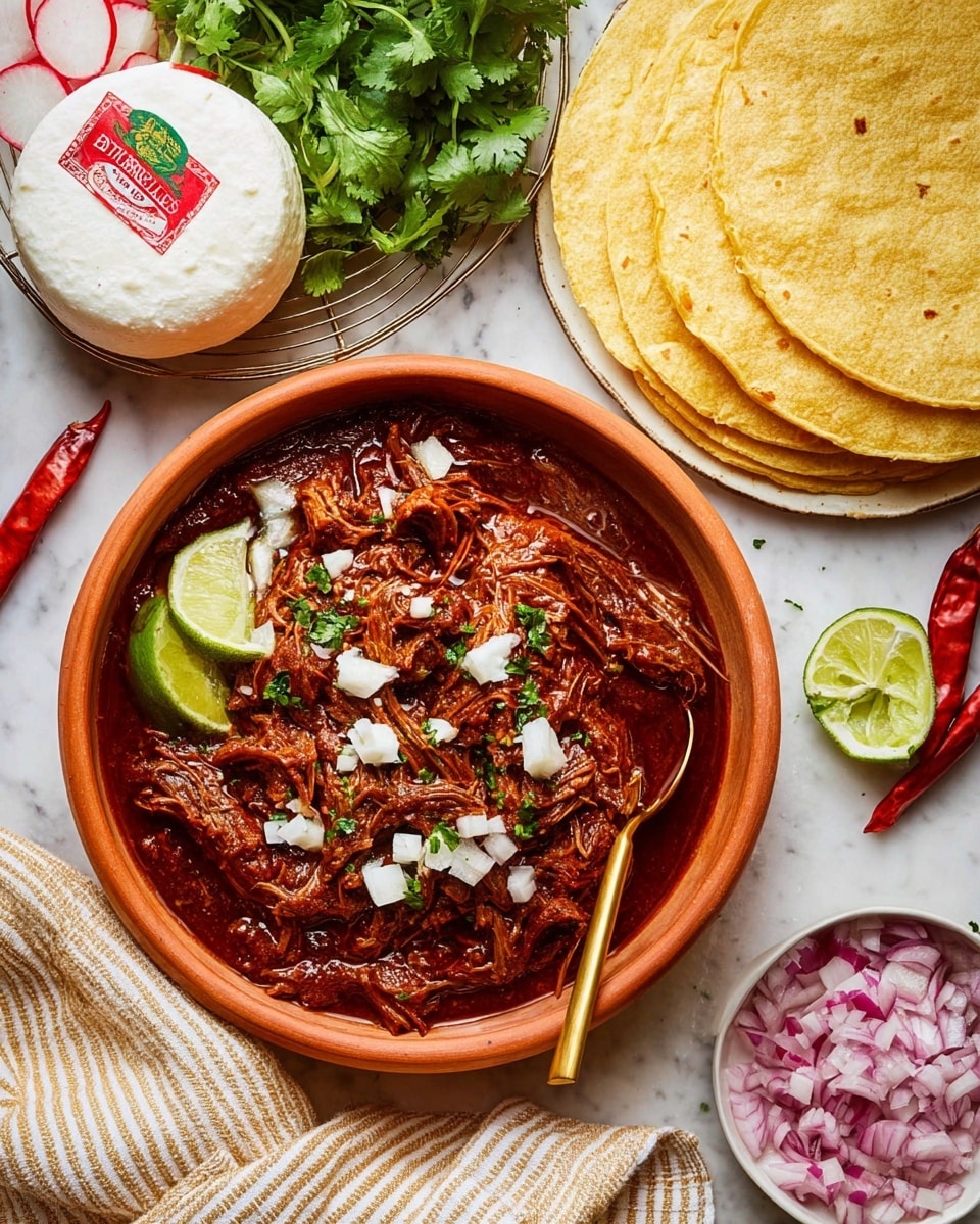 A deep orange round bowl is filled with dark reddish-brown shredded meat stew topped with small white onion pieces and green chopped herbs, a lime wedge rests inside the bowl near the edge, with a gold spoon partially submerged in the stew. Nearby, three pale yellow tortillas stack resting on a wire rack, to the left a whole white round cheese ball with a red and green label lies next to a white plate filled with fresh green cilantro leaves, sliced lime wedges, and thin red and white radish slices. Two red dried chili peppers are placed between the cheese and the bowl. In the bottom right, a small white bowl holds finely diced red onions, all set on a white marbled surface with a beige striped cloth partially visible at the bottom. Photo taken with an iphone --ar 4:5 --v 7