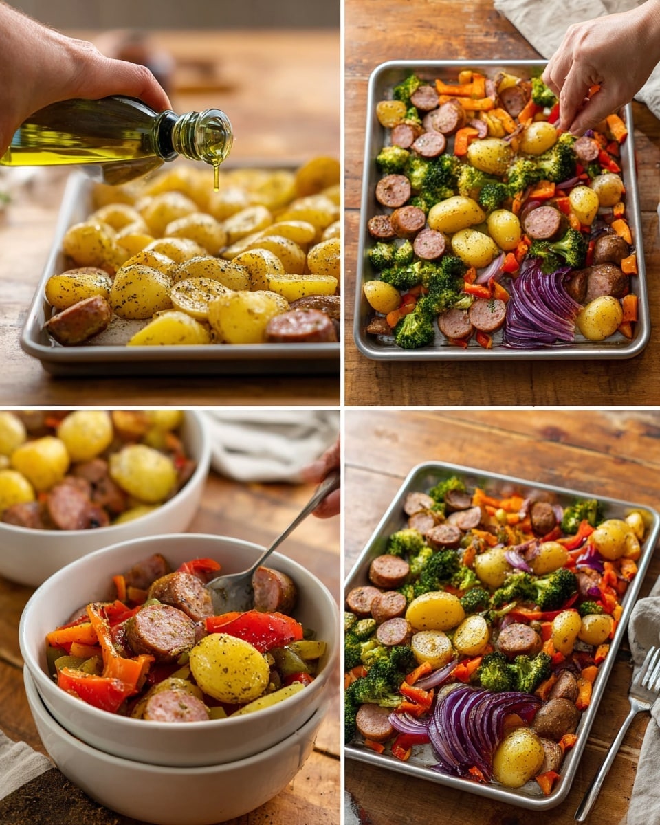 The image shows a sequence of four photos. The first photo captures a woman's hands drizzling olive oil from a green bottle and sprinkling black pepper over halved small yellow potatoes spread out on a silver baking tray against a wooden surface. The second photo shows the same tray with the potatoes partially cooked, while the woman's hands hold two white bowls: one filled with sliced brown sausage and the other with chopped colorful vegetables including red and orange bell peppers, broccoli florets, and purple onion wedges. The third photo displays all ingredients mixed together and spread on the baking tray: golden brown potato halves, browned sliced sausage, vibrant red and orange bell peppers, green broccoli, and purple onions, showing a roasted texture. The last photo shows a close-up of a white bowl filled with a portion of the roasted mixture, spoon resting on the right side, highlighting the rich colors and slightly charred edges of the sausage and vegetables on a wooden table with a soft focus baking tray in the background. Photo taken with an iphone --ar 4:5 --v 7