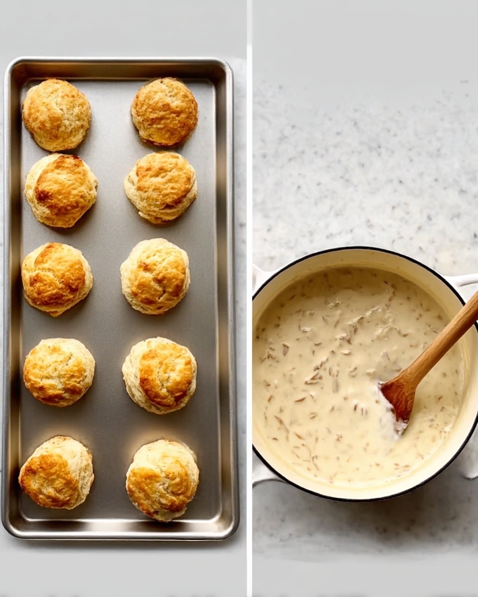 The first image shows a silver baking tray holding nine golden brown biscuits, arranged in three rows of three, each biscuit round with slightly cracked tops that reveal flaky layers inside. The second image features a white pot filled with thick, creamy sauce with small bits mixed in, a wooden spoon resting inside, all placed on a white marbled surface. photo taken with an iphone --ar 4:5 --v 7