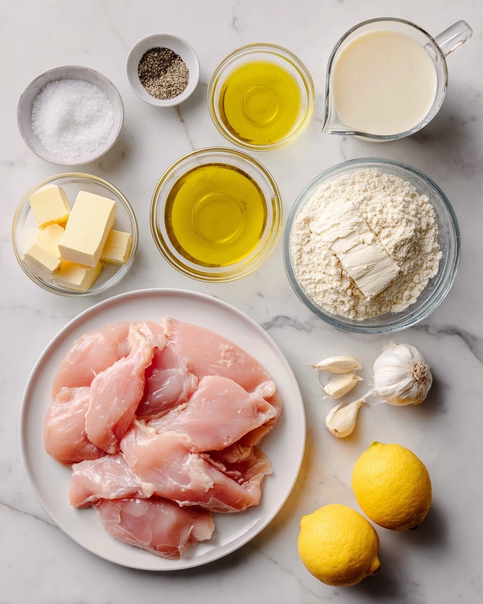The image shows ingredients neatly arranged on a white marbled surface. In the center-left, there is a white plate with pale pink chicken cutlets layered flat. Surrounding it, there are small white bowls holding granular white salt, coarse black pepper, bright yellow olive oil, soft yellow butter slices, and a pile of white flour with a powdery texture. Two small yellow lemons and two white garlic cloves with papery skins are placed between these bowls. On the right side, there are clear measuring cups filled with light yellow chicken stock and thick white heavy cream. A wedge of pale yellow parmesan cheese with a slightly rough texture is positioned near the bottom right. All the labels identifying each ingredient are placed above or near each bowl or item. The photo taken with an iphone --ar 4:5 --v 7