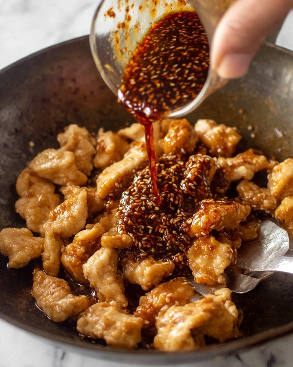 A close-up view of light golden-brown cooked chicken pieces in a dark pan, with a woman's hand pouring a thick dark brown sauce speckled with sesame seeds over them, the sauce covering some pieces on top and adding a glossy texture. The chicken pieces are irregular in shape, with some having a slightly crispy outer layer, all inside the pan that has a worn metal surface. A spatula with a silver metal texture is partially visible under the chicken, and the background is a white marbled texture. Photo taken with an iphone --ar 4:5 --v 7