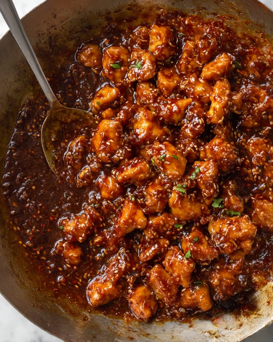 The image shows a close-up of many small, bite-sized pieces of chicken coated in a thick, dark brown sauce with a shiny texture, speckled with sesame seeds and garnished with small bits of green herbs. The chicken pieces are clustered together mostly on the right side of a large, round cooking pan with a slightly worn silver surface. A metal spoon is partially visible on the left, resting in the sauce. The sauce has a glossy, sticky look that clings to the chicken, spreading thinly across the pan. The overall color palette includes rich browns, light golden chicken, and bright green garnishes on a white marbled textured background. photo taken with an iphone --ar 4:5 --v 7
