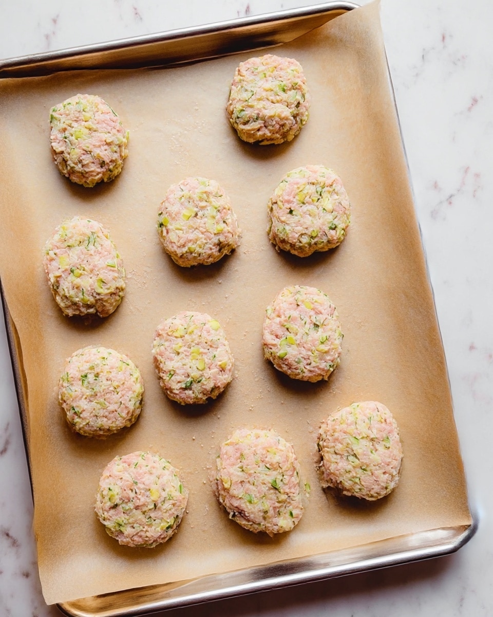 The image shows a baking tray lined with light brown parchment paper holding eleven raw oval-shaped patties made from a mixture of light pink and pale green ingredients, with a slightly rough and chunky texture. The patties are evenly spaced in rows on the tray, which is set on a white marbled surface. In the top right corner of the tray, part of the metal baking tray is visible, shining softly. The whole scene is bright and clean, emphasizing the fresh, uncooked look of the patties. photo taken with an iphone --ar 4:5 --v 7