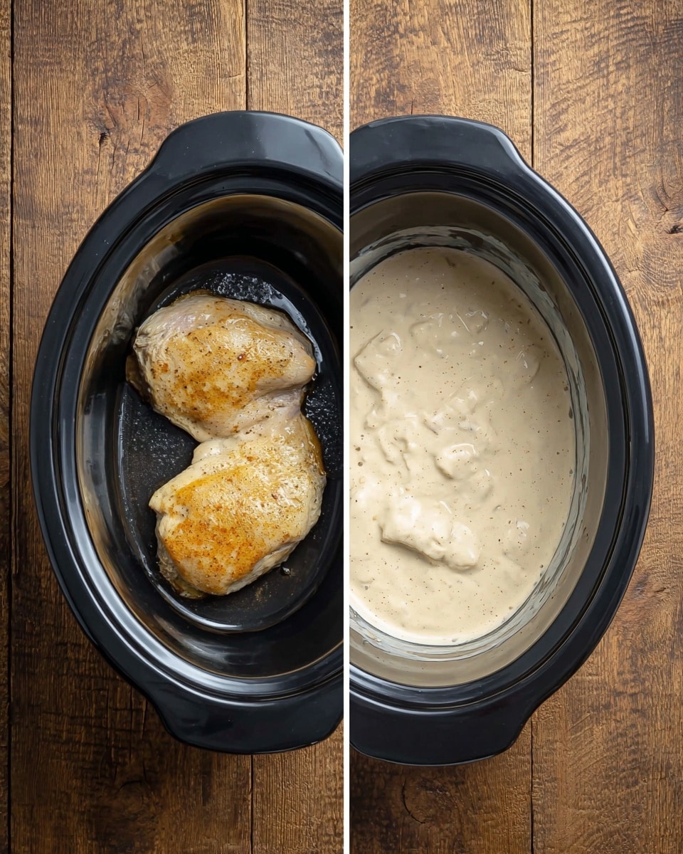 The image shows a black slow cooker with two views side by side on a wooden surface replaced by a white marbled texture. On the left side, inside the slow cooker, there are two pieces of cooked chicken that are light brown with some golden spots, placed near the bottom center. On the right side, the same slow cooker holds a thick creamy sauce covering the chicken pieces almost fully, with a smooth, light beige texture and some small dark specks. Photo taken with an iphone --ar 4:5 --v 7