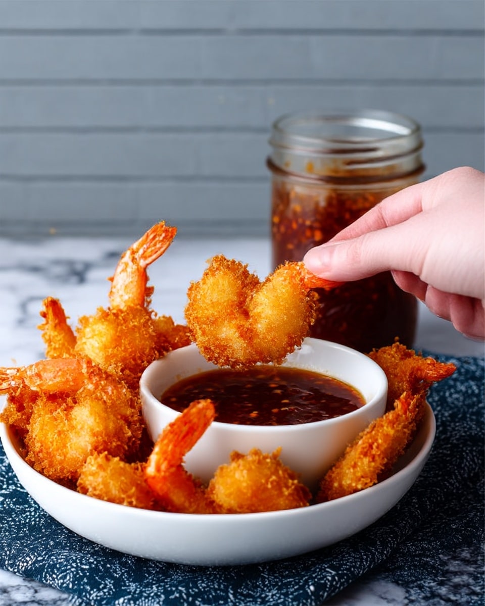 A white bowl filled with golden crispy fried shrimp with bright orange tails facing up, piled around a small white dipping bowl filled with dark red sweet chili sauce. A woman's hand is dipping one shrimp into the sauce. Behind the bowl, there is a glass jar with more chili sauce, all set on a dark blue patterned cloth with a white marbled surface and a light gray brick wall background. photo taken with an iphone --ar 4:5 --v 7