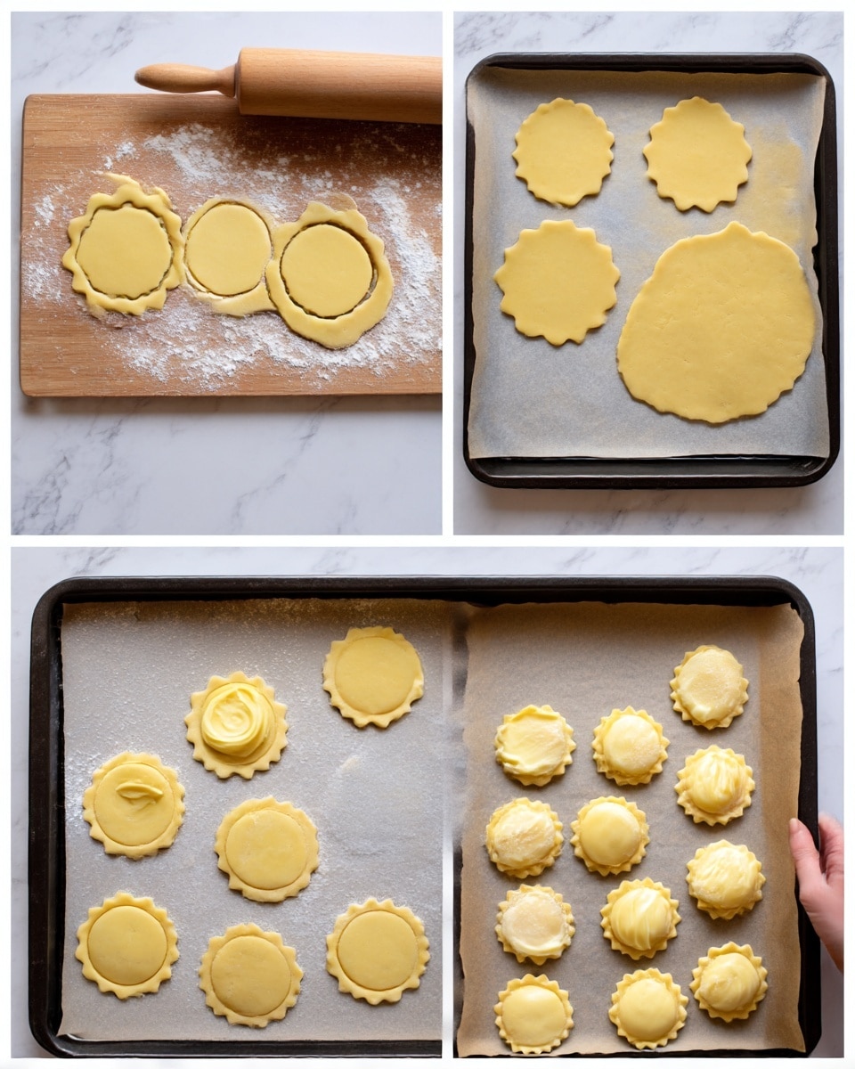 The first image shows a wooden board with light yellow dough rolled out flat and dusted with flour; seven circular dough pieces are cut out, with four smooth edges and three scalloped edges, and a rolling pin lies at the top. The second image displays a baking tray lined with parchment paper holding six pairs of dough circles; the bottom circles have a dollop of light yellow cream or filling in the center, and the top circles are placed partly covering the bottoms, showing the texture of the filling peeking out. The third image shows the baking tray again with the dough pairs fully sealed, forming small round pastries of two sizes, arranged neatly in rows on the parchment paper. The background in all images is a white marbled texture. Woman’s hand is not visible in the images. Photo taken with an iphone --ar 4:5 --v 7