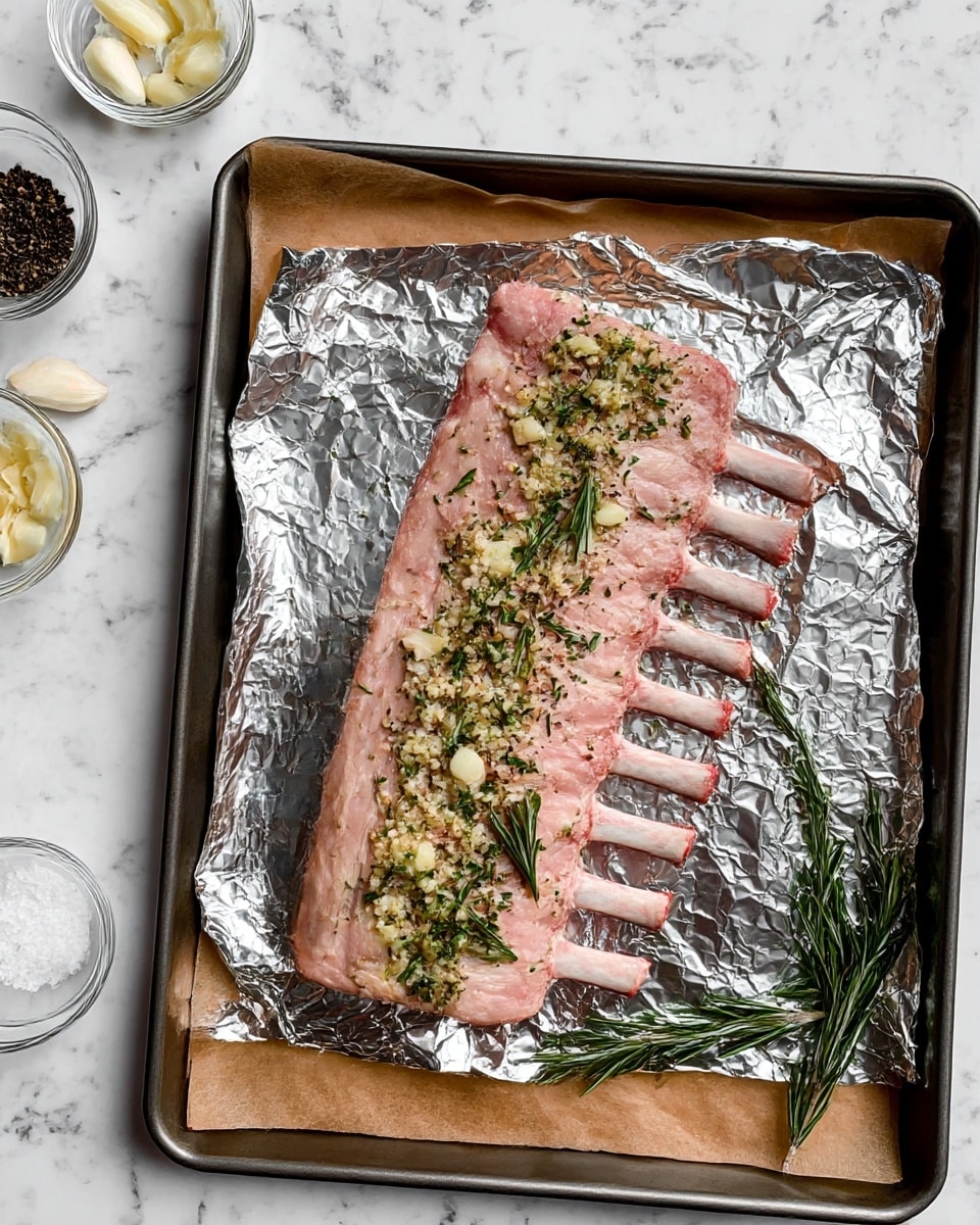 A raw rack of meat with eight ribs exposed on the right side lays on a piece of shiny aluminum foil that covers half of a metal baking tray lined with brown paper. The meat is pale pink with a light fat layer on top and is sprinkled with chopped garlic and green herbs like rosemary. The tray is placed on a white marbled surface with small glass bowls containing more chopped garlic, coarse salt, and black pepper visible on the left side. Photo taken with an iphone --ar 4:5 --v 7