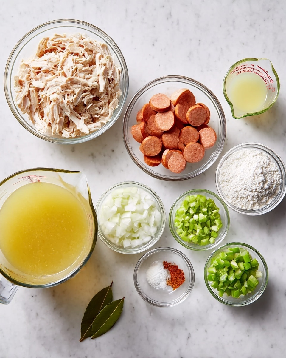 A white marbled surface holds a collection of clear glass bowls filled with various ingredients. In the top left, a medium bowl is full of shredded light beige chicken. To its right, another medium bowl contains sliced round pieces of reddish-brown sausage. Next to that, a small glass measuring cup has a pale yellow liquid. Below and to the right, a medium bowl is filled with white diced onions, and beside it is a bowl of white flour. In the center, three small bowls are arranged: one with small light green celery pieces, one with finely chopped green bell pepper, and a tiny bowl with minced white garlic. A very small bowl contains a reddish-brown spice, and a single bay leaf lies near the celery bowl. In the bottom left corner, a large glass measuring cup holds a yellow broth. All items are neatly arranged and evenly spaced on the white marbled surface. photo taken with an iphone --ar 4:5 --v 7