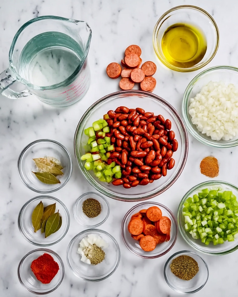 A top view of clear glass bowls with ingredients arranged neatly on a white marbled surface. One large bowl in the center holds dry red beans, surrounded clockwise by a bowl of finely chopped green celery, another bowl with small round slices of reddish-orange sausage, a bowl with olive oil, another with white chopped onions, and a bowl of chopped green bell peppers. Smaller glass bowls contain various spices including ground red spice, black pepper, minced garlic, dried herbs, paprika, bay leaves, and a green powdery herb, all laid out symmetrically to the left side. A clear measuring jug with water is placed at the top left. The scene is brightly lit with each ingredient clearly visible photo taken with an iphone --ar 4:5 --v 7