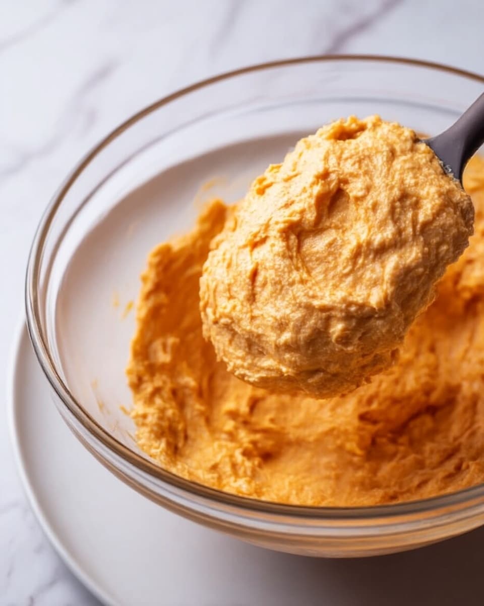 A close-up view of a thick, creamy orange mixture with a slightly rough texture being held above a white plate. The mixture fills a clear glass bowl, and a dark spatula is partially submerged in it. The background and surface under the plate are white with a soft marbled texture. photo taken with an iphone --ar 4:5 --v 7