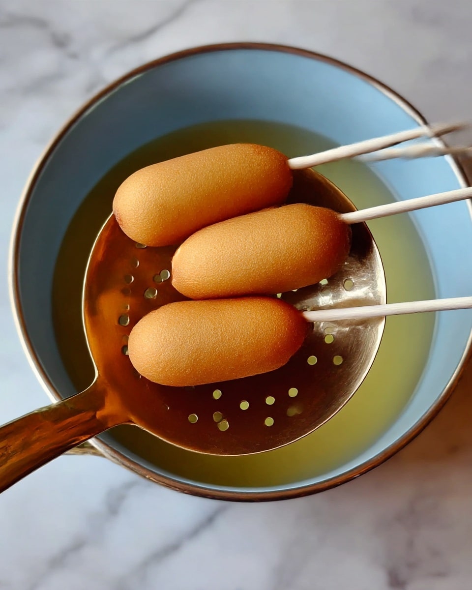 The image shows three small corn dogs on white sticks resting on a round, shiny brass slotted spoon with small holes. The corn dogs have a smooth, golden brown crust with one slightly darker than the others. The spoon is held over a light blue pot filled with clear golden oil. The pot sits on a white marbled surface. The photo taken with an iphone --ar 4:5 --v 7
