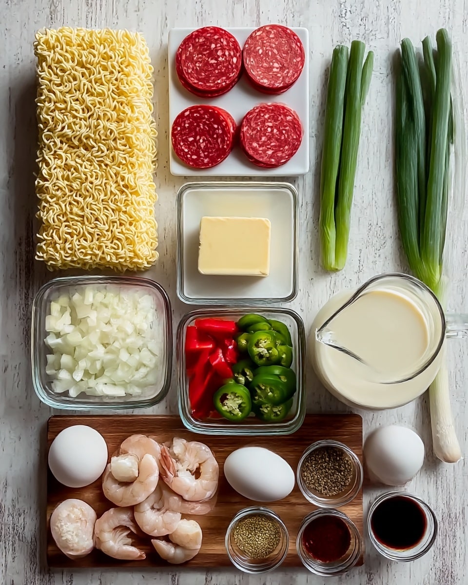 The image shows a neatly arranged flat lay of cooking ingredients on a white marbled textured surface. There are two blocks of uncooked yellow ramen noodles placed side by side at the top left and bottom left. To the right of the top block, there are four slices of round, red salami with white fat specks, arranged in two rows. Next to the salami is a square white bowl holding a block of light yellow butter. Below the butter, three square glass bowls hold diced white onions, chopped red bell pepper, and sliced green jalapeños, all arranged in a row. On the far right, three long green onions lie vertically. Below the bottom noodle block, two white eggs and six peeled pinkish shrimp rest on a small wooden board. To the right of the board, a glass pitcher filled with a creamy white liquid sits in the center bottom. Surrounding the pitcher at the bottom right are five small glass bowls containing different spices and dark soy sauce in a white small cup. photo taken with an iphone --ar 4:5 --v 7