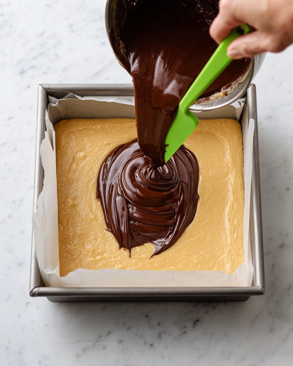 A square metal baking pan with white parchment paper holds a single layer of light tan batter with a smooth texture. A woman's hand is pouring a thick, dark brown chocolate batter from a metal bowl onto the tan layer, using a bright green spatula to guide the chocolate in ripple-like folds at the center. The pan sits on a white marbled surface. photo taken with an iphone --ar 4:5 --v 7