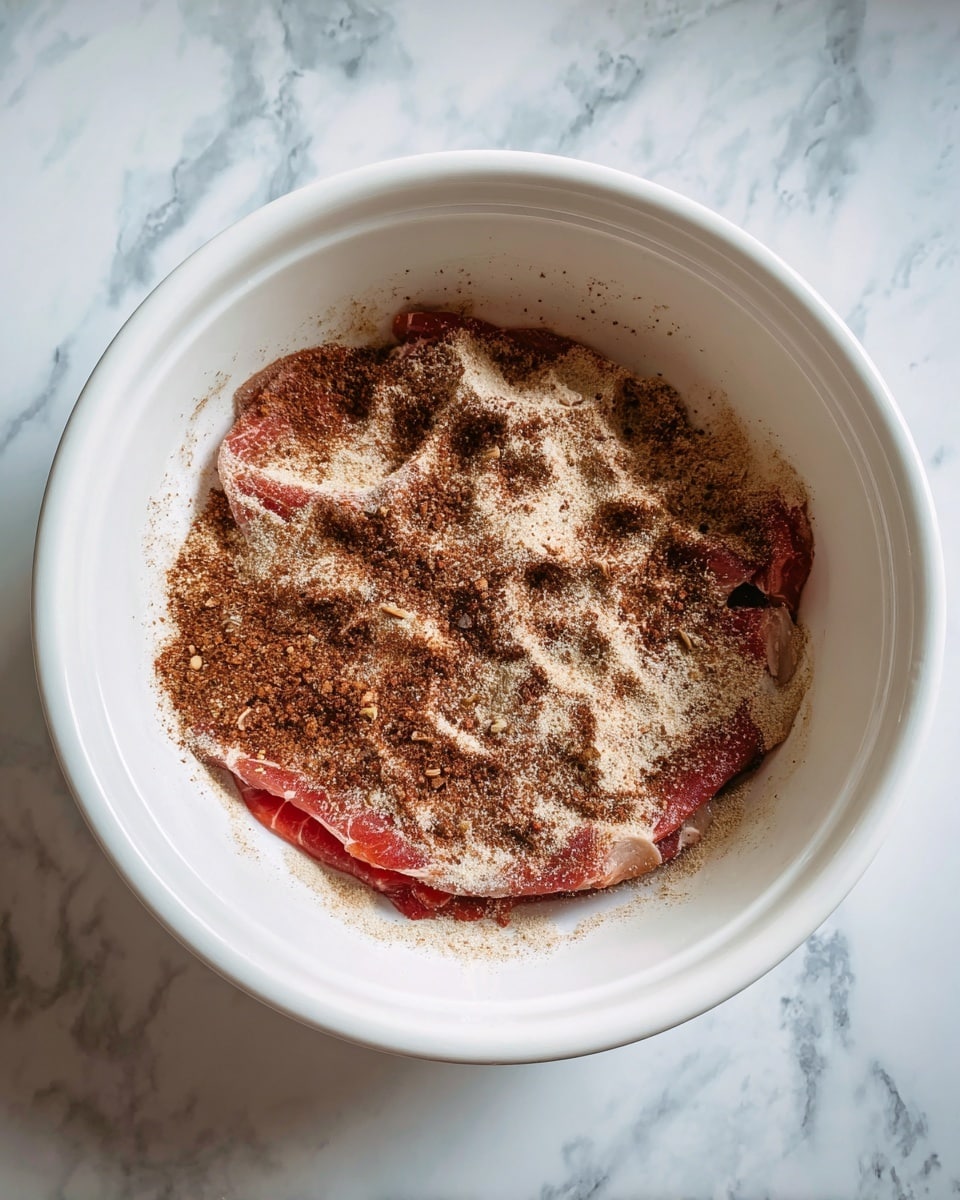 A white bowl contains a single layer of thinly sliced raw meat with a reddish color at the bottom, covered unevenly by a light brown powdery seasoning on top, sitting on a white marbled surface. photo taken with an iphone --ar 4:5 --v 7