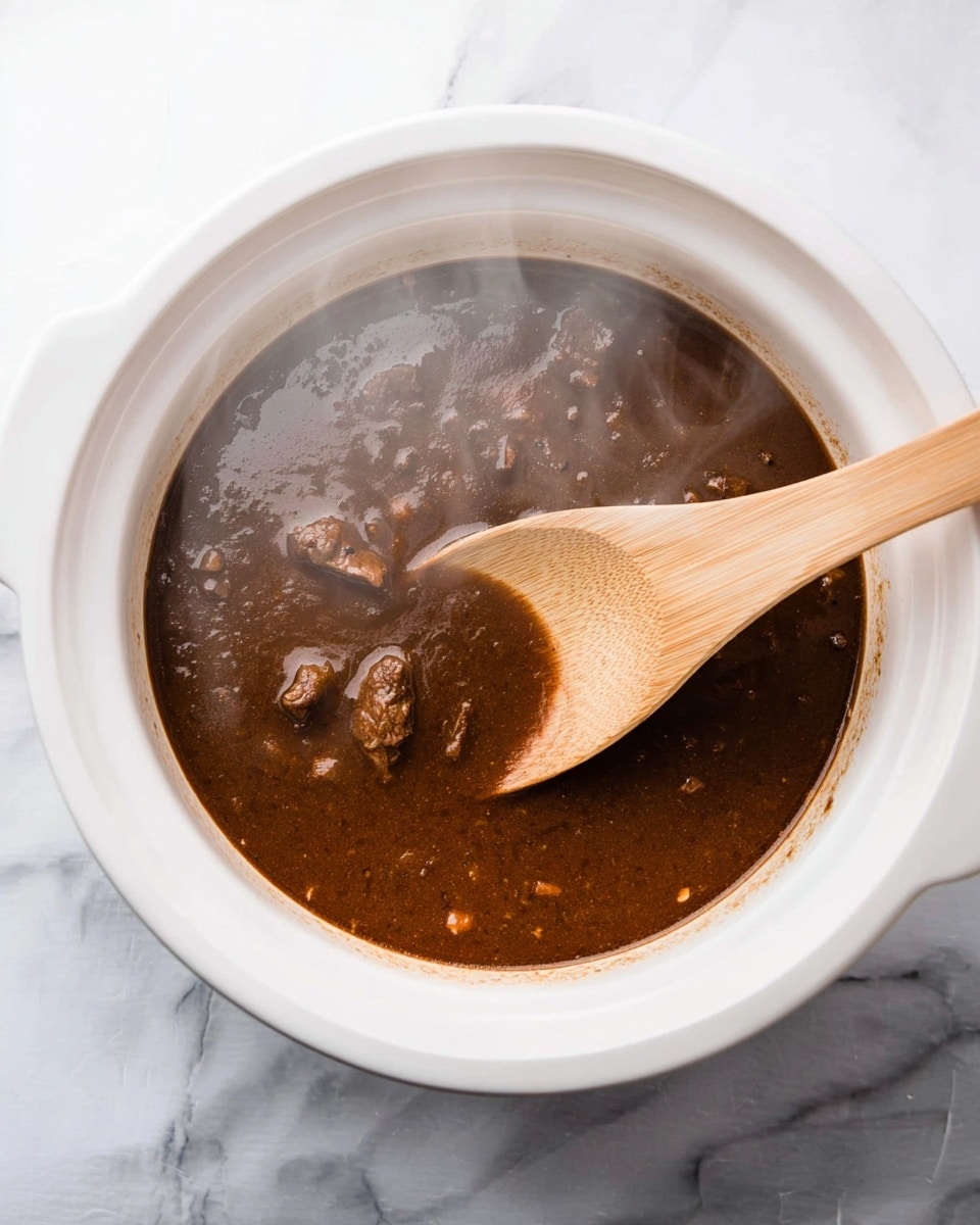 A white bowl filled with dark brown stew that has small chunks of meat throughout. A light wooden spoon with a smooth texture is stirring the stew, positioned diagonally from the right side of the bowl towards the center. The bowl rests on a surface with a white marbled texture. Steam rises gently from the stew, showing it is hot. photo taken with an iphone --ar 4:5 --v 7