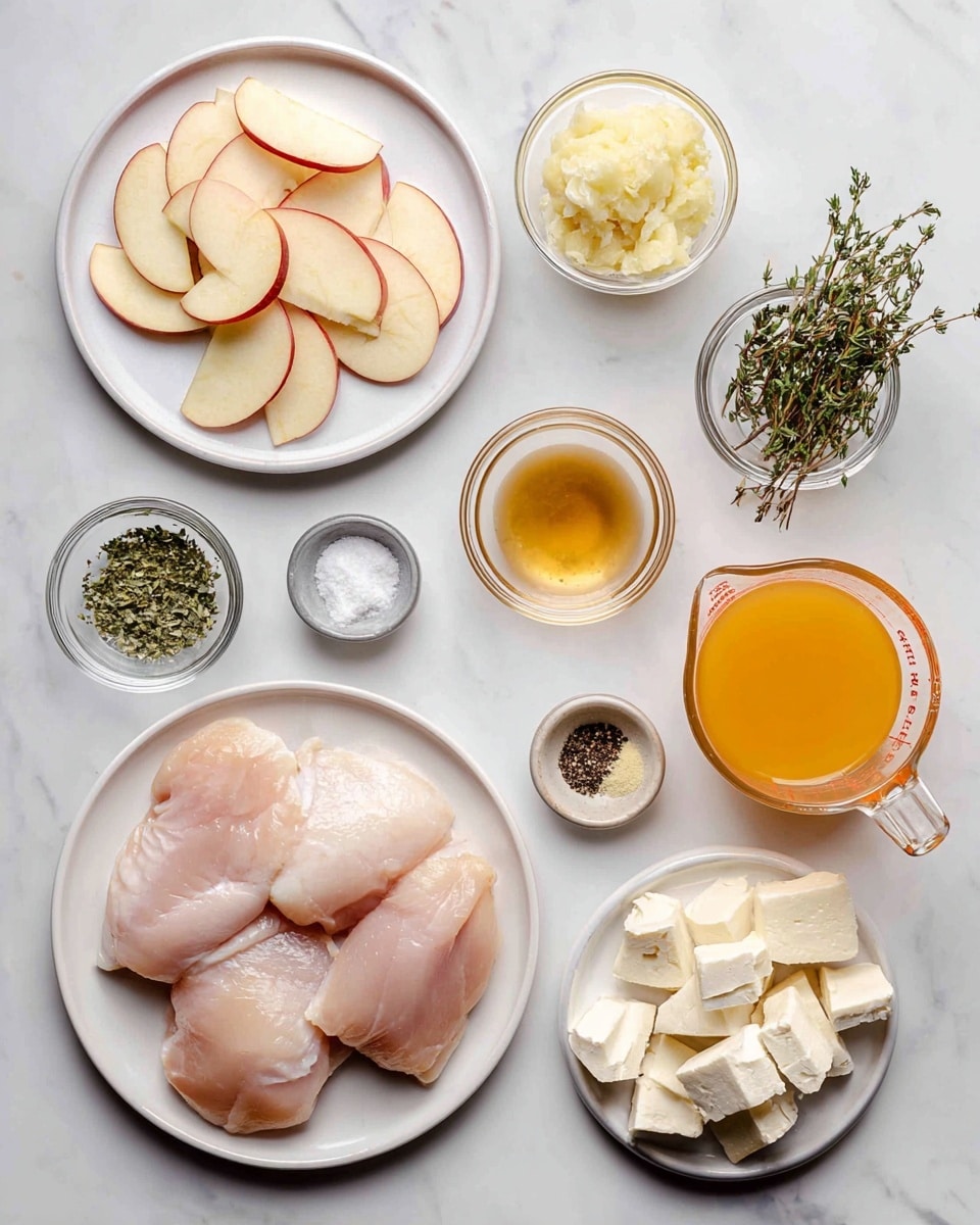 The image shows raw ingredients arranged neatly on a white marbled surface: in the center is a white plate with three pieces of raw chicken, pale pink and smooth in texture; above to the left, a white plate holds thin, round slices of apple with red edges and white flesh; near the plate, a small glass bowl contains green chopped thyme leaves; below it, a small glass bowl with black pepper granules; next, a small glass bowl with amber maple syrup; next, a small glass bowl holding pale yellow Dijon mustard; in the top right corner, a glass measuring cup with bright orange apple cider; below it, a small glass bowl with finely minced white garlic; and on the bottom right, a white plate with irregular chunks of soft white brie cheese with creamy edges; a small glass bowl of coarse white salt is near the chicken. The ingredients are labeled clearly with black boxes and white text. photo taken with an iphone --ar 4:5 --v 7