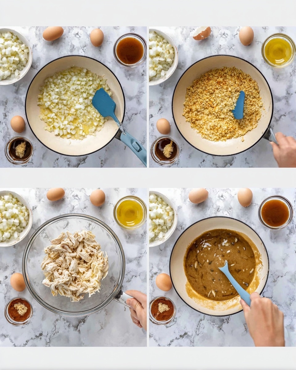 A sequence of four images shows the step-by-step cooking process on a white marbled surface. The first image shows a white pan with oil and small diced white onions inside, with a bowl of onion pieces to the top left and some whole onions at the top right, a woman's hand holding a blue spatula, and some eggs in front. The second image features the same white pan, now filled with golden toasted bread crumbs with a woman's hand holding a blue spatula stirring them, with two small bowls of different sauces placed above the pan. The third image presents a clear glass mixing bowl containing shredded cooked chicken, a yellow sauce, and two different brown sauces at top and a woman's hand pouring clear liquid inside. The fourth image shows the same glass bowl filled with a creamy mixed brown chicken sauce being stirred by a spoon held by a woman's hand. Photo taken with an iphone --ar 4:5 --v 7