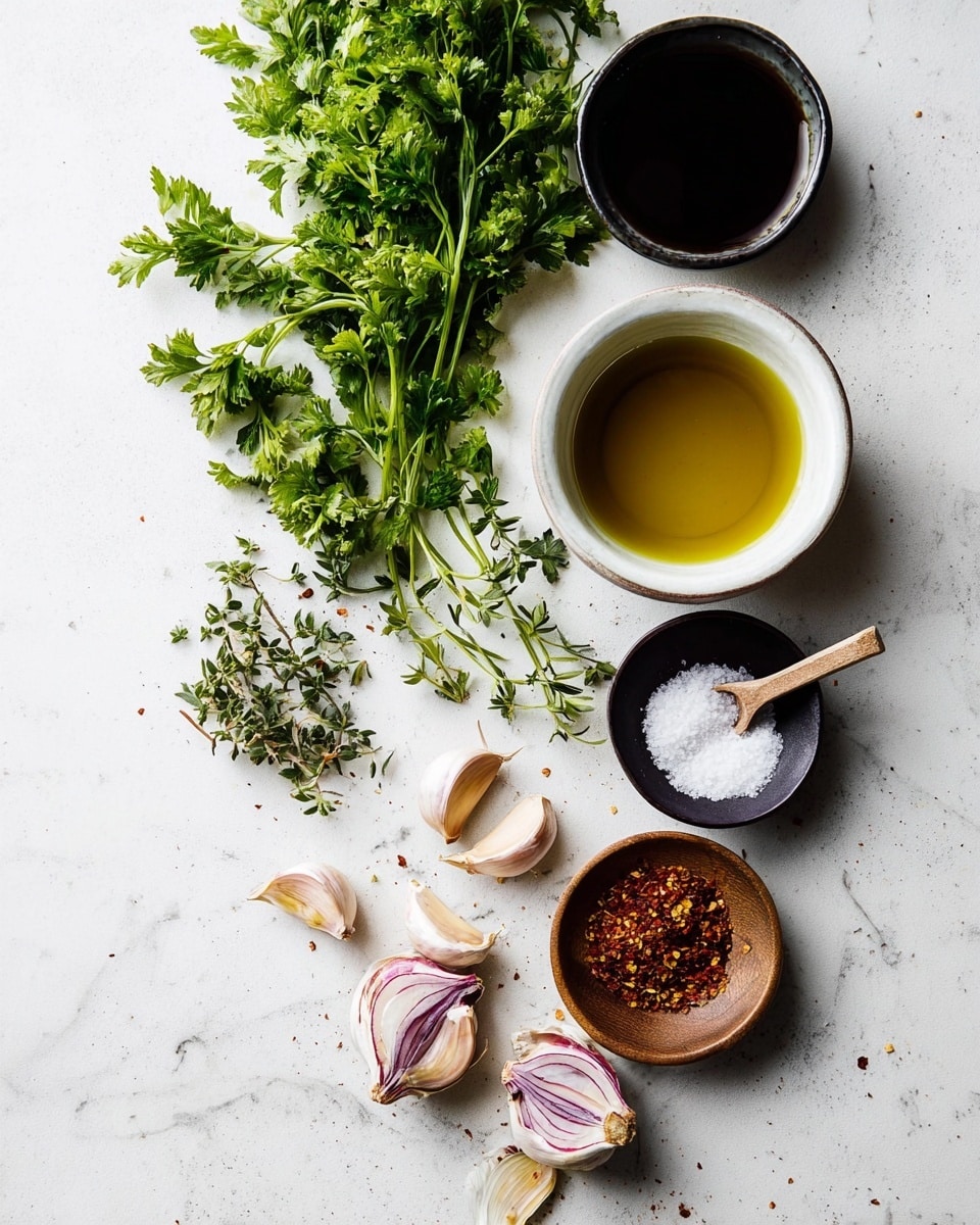 The image shows fresh herbs, garlic cloves, shallots, coarse salt, olive oil, chili flakes, and soy sauce arranged on a white marbled surface. On the left, there are bright green parsley and oregano sprigs placed loosely. Near the bottom, several garlic cloves and three halved shallots with purple and white layers are scattered. At the center, a white bowl holds golden olive oil, while above it is a bowl filled with dark soy sauce. Next to the garlic, a small black dish contains coarse white salt with a tiny wooden spoon resting inside. Finally, a small wooden bowl filled with red chili flakes sits near the bottom right edge. The layout is simple and clean, with natural colors and textures. Photo taken with an iphone --ar 4:5 --v 7
