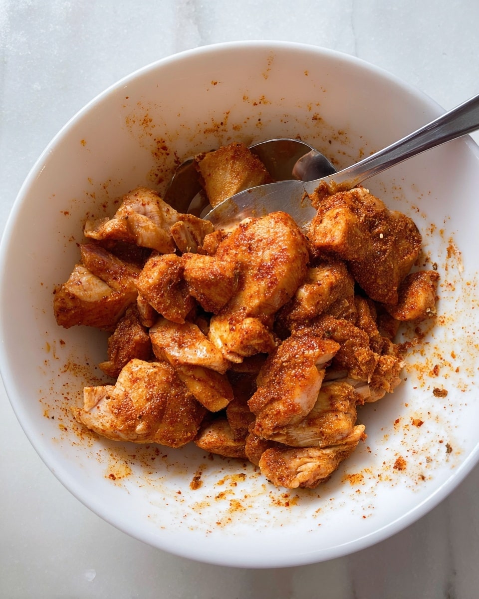 Inside a white bowl, there are many pieces of raw chicken coated with a reddish-brown spice mix, giving them a rough texture with some shinier oily spots. A silver spoon is laying on top of the chicken pieces, partially covered with the same spice mix. The chicken pieces are piled in the center with some spices scattered lightly around the bowl’s sides. The bowl itself sits on a white marbled surface. photo taken with an iphone --ar 4:5 --v 7