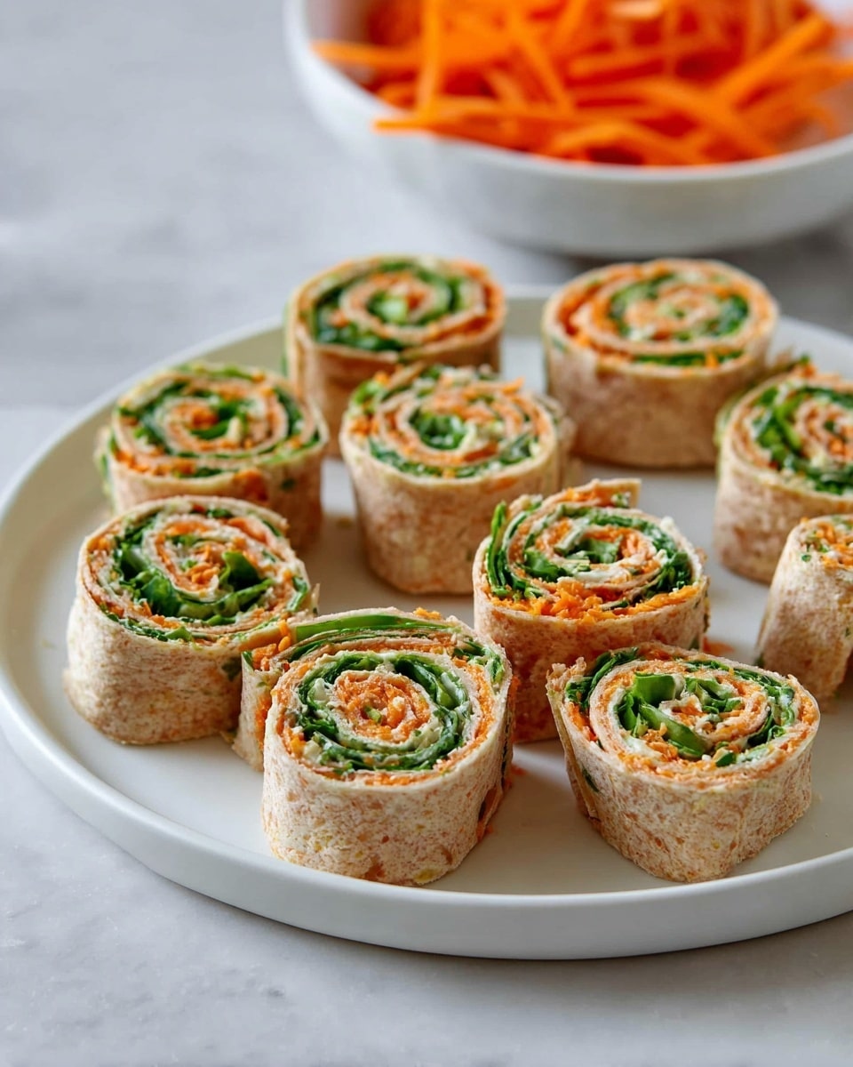 There are nine pinwheel wraps arranged on a white plate, each showing three visible layers: a light brown outer wrap, a green leafy vegetable layer inside, and an orange spread with fine grated texture between them. The wraps are cut into small, even circular pieces, revealing the spiral pattern clearly. In the background, slightly blurred, there is a white bowl with bright orange grated carrots on a white marbled surface photo taken with an iphone --ar 4:5 --v 7