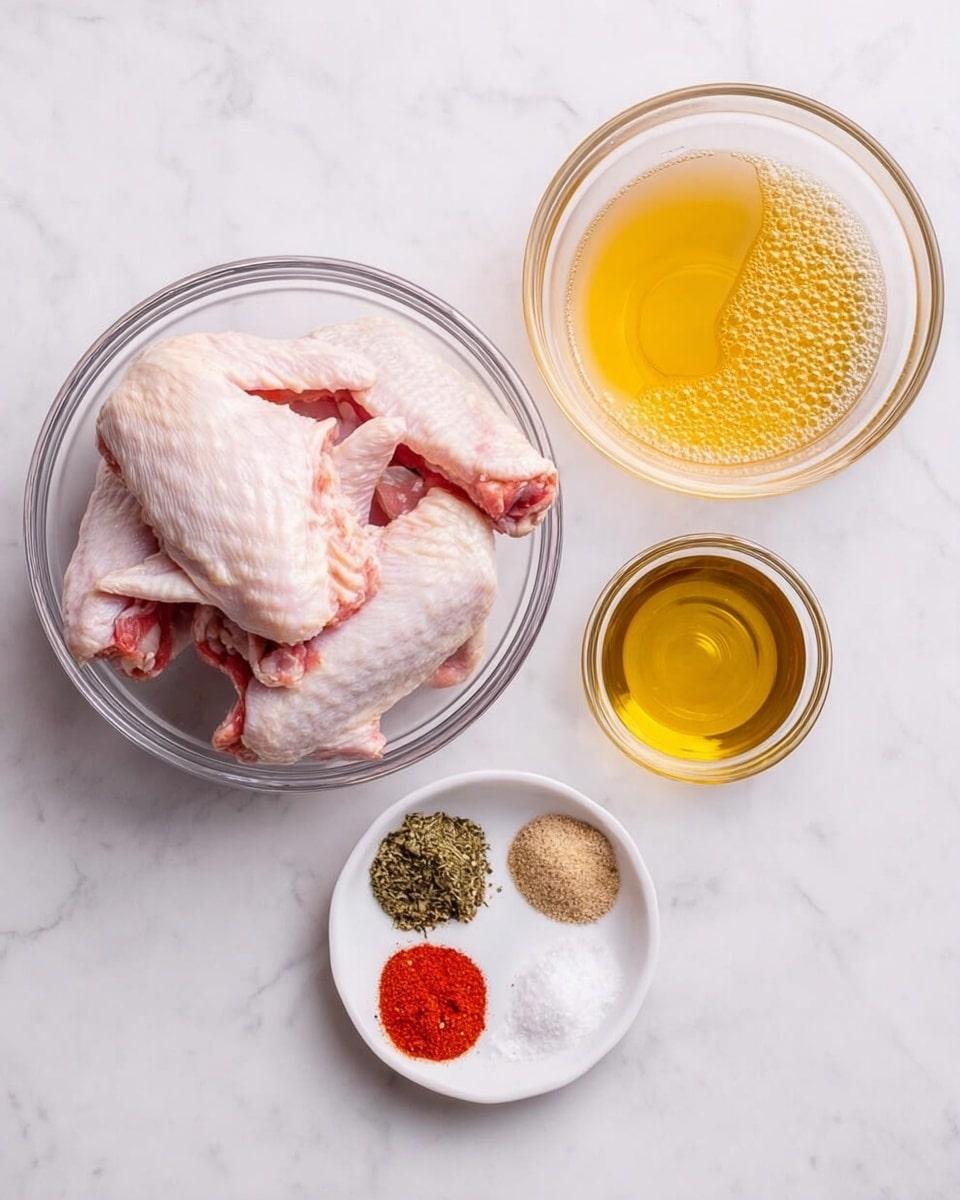 A clear glass bowl holds three raw chicken wings with pale pink skin and visible texture on the skin and flesh. To the right, there is a small clear bowl filled with melted butter showing a smooth golden yellow surface with small bubbles. Below it, a small white bowl contains six different spices arranged in groups: red paprika, green dried herbs, chopped garlic, white salt, black pepper, and beige garlic powder. Next to it, a tiny glass bowl holds shiny golden olive oil. All bowls sit on a clean white marbled surface. photo taken with an iphone --ar 4:5 --v 7