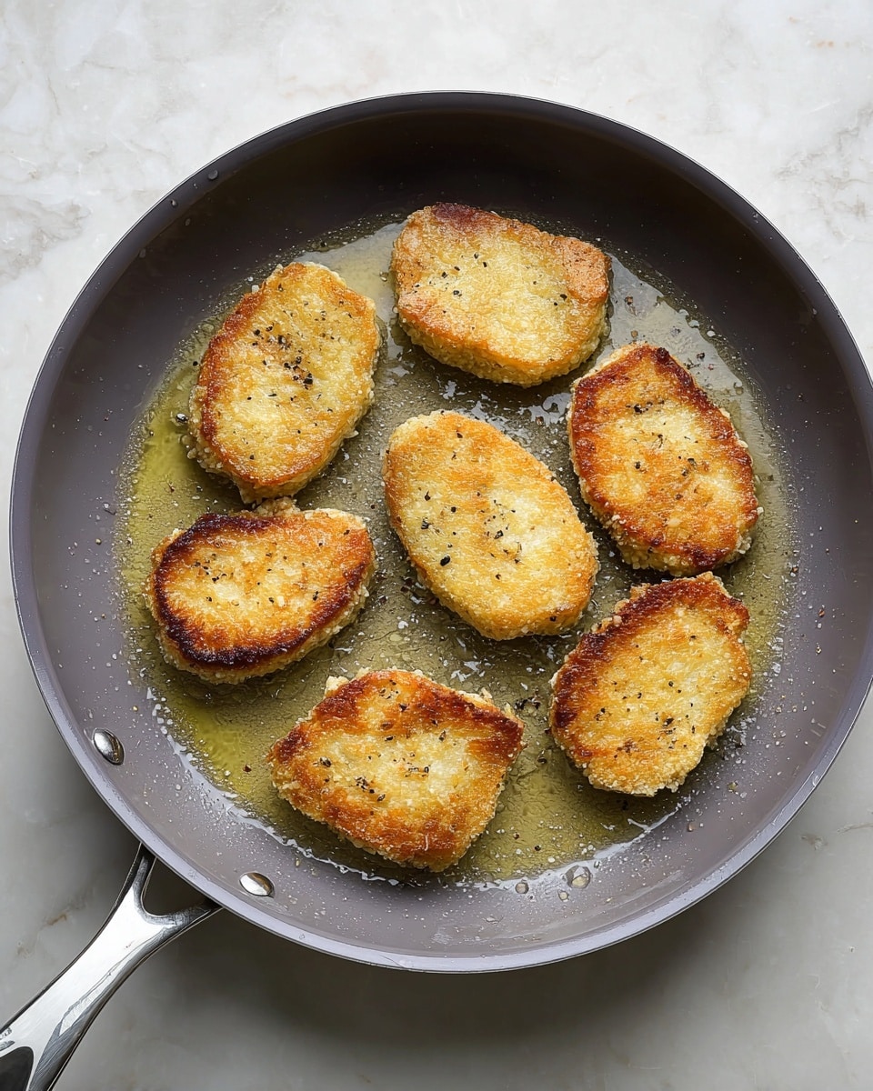 The image shows a grey pan with a silver handle on a white marbled surface. Inside the pan are seven pieces of food, each golden brown with a slightly uneven, crispy texture. The pieces are arranged in a circular pattern around the center of the pan and are cooking in a layer of oil, which glistens around and beneath them. The light highlights the different shades of golden brown on each piece, showing some crispier areas and small black specks of seasoning. Photo taken with an iphone --ar 4:5 --v 7