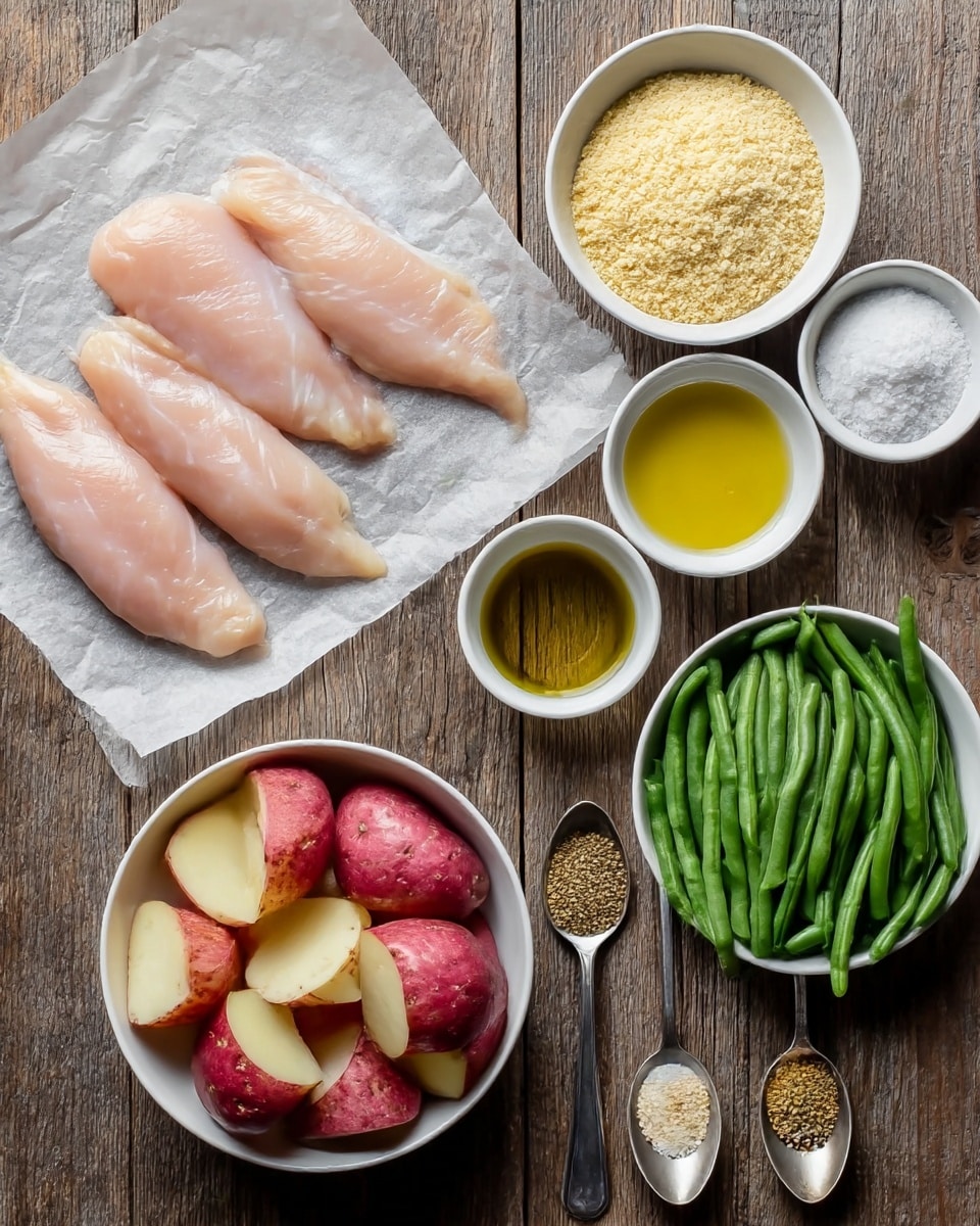 The image shows raw food ingredients neatly arranged on a wooden surface; on the left, four pale pink chicken fillets are placed on a sheet of parchment paper, at the top right there are two white bowls filled with fine yellow and beige powders, followed by a small white bowl with olive oil in the center, below that a white bowl with red-skinned potatoes cut into halves and quarters, and to the right a white bowl filled with fresh green beans; next to these bowls, three metal spoons hold different spices—light brown, white salt, and black pepper—lined up in a row. Photo taken with an iphone --ar 4:5 --v 7