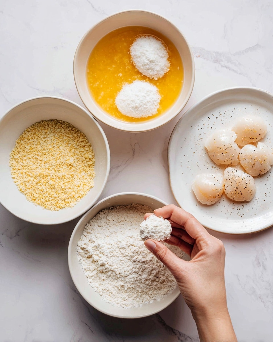 Four round white bowls and one white plate sit on a white marbled surface. The top left bowl has a yellow-orange liquid mixture with two pieces covered in white flour floating in it. The top right bowl is filled with white flour with one piece resting in it. The bottom left bowl contains light yellow breadcrumbs. A woman's hand is holding a small piece coated in breadcrumbs above this bowl. To the right, a white plate holds five raw white scallops sprinkled lightly with black pepper. The scene has a clean, bright look. photo taken with an iphone --ar 4:5 --v 7