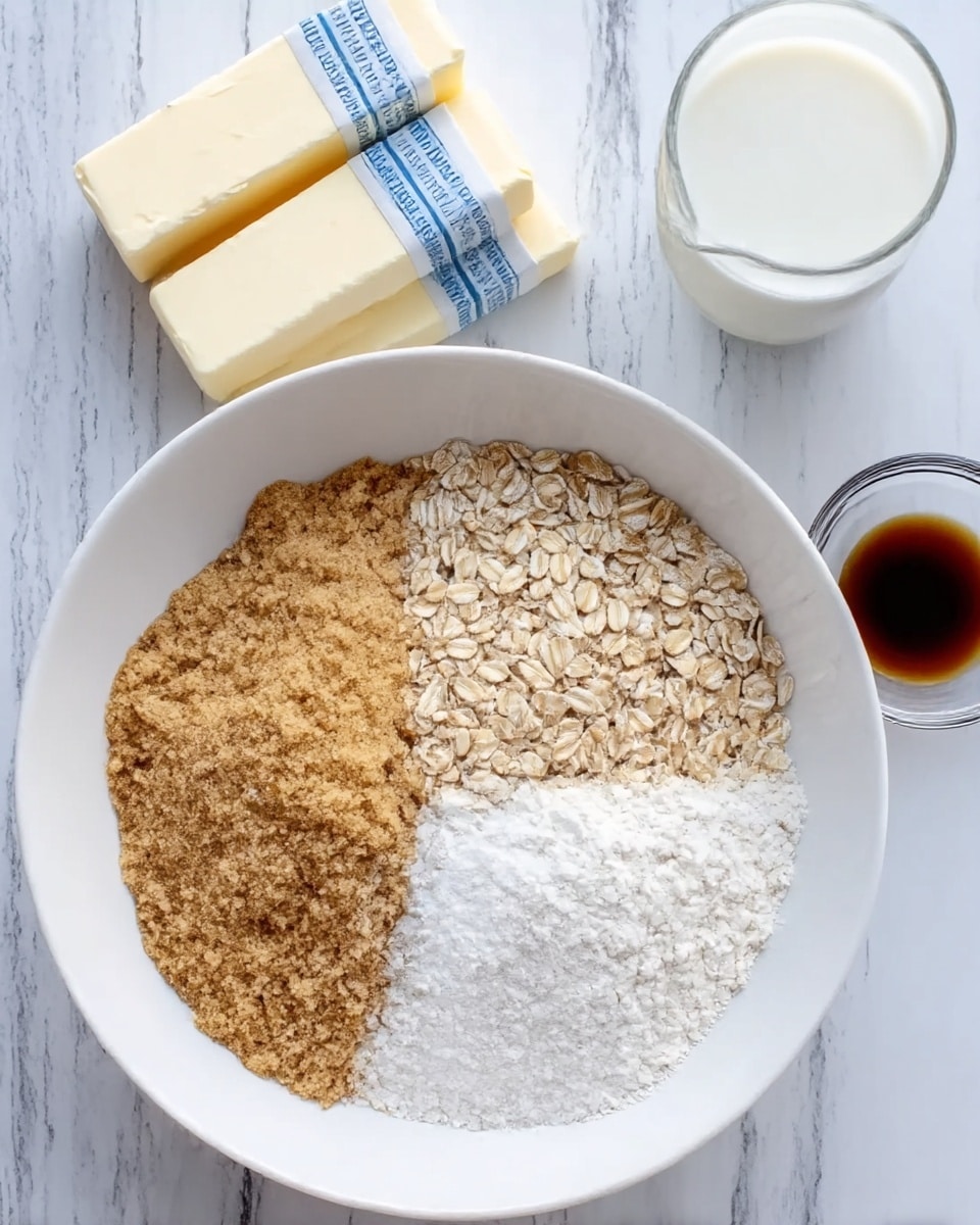 A white bowl is full of dry ingredients arranged in three sections: light brown sugar covering about half of the bowl, rolled oats in one quarter section showing their rough texture, and white flour filling the last quarter, all neatly separated. Behind the bowl are three sticks of butter wrapped in their white and blue paper, a clear glass of milk, and a small clear bowl of dark vanilla extract. The setup is placed on a white marbled surface. photo taken with an iphone --ar 4:5 --v 7
