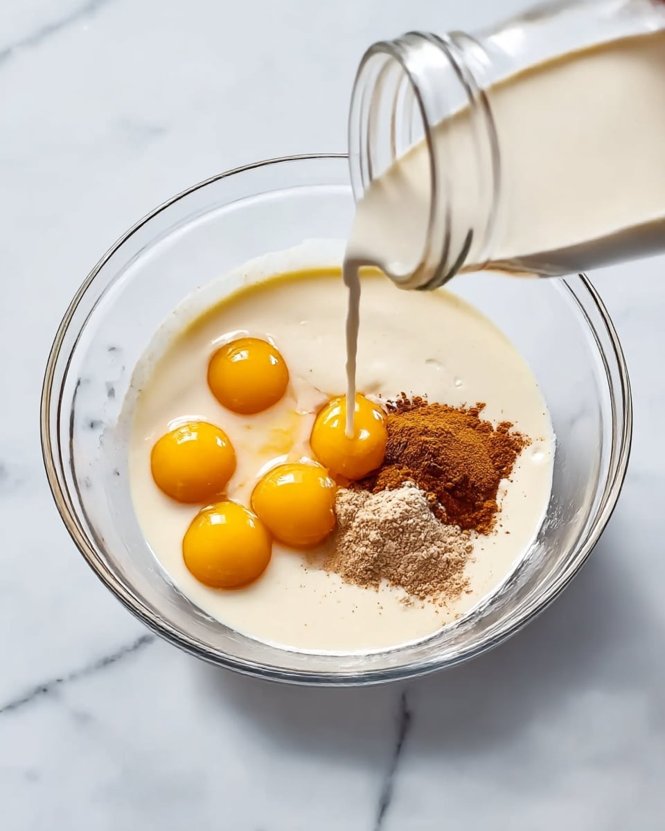 A clear glass bowl on a white marbled surface holds five bright yellow egg yolks on the left side. To the right of the yolks, there is a mound of brown spices and a smaller pile of lighter brown powder. White liquid is being poured from a glass jar into the bowl, pooling around the egg yolks and spices, creating a creamy, smooth layer that fills empty spaces. The clear bowl lets you see all the layers and the mix of colors inside. Photo taken with an iphone --ar 4:5 --v 7